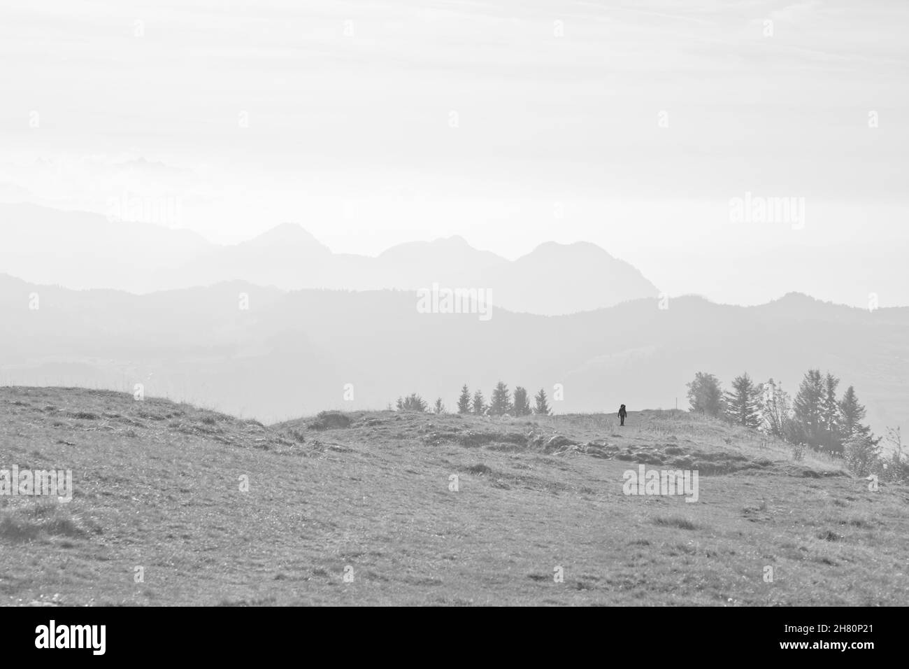 Foto in scala di grigi di colline e valli a Bezau, Austria Foto Stock