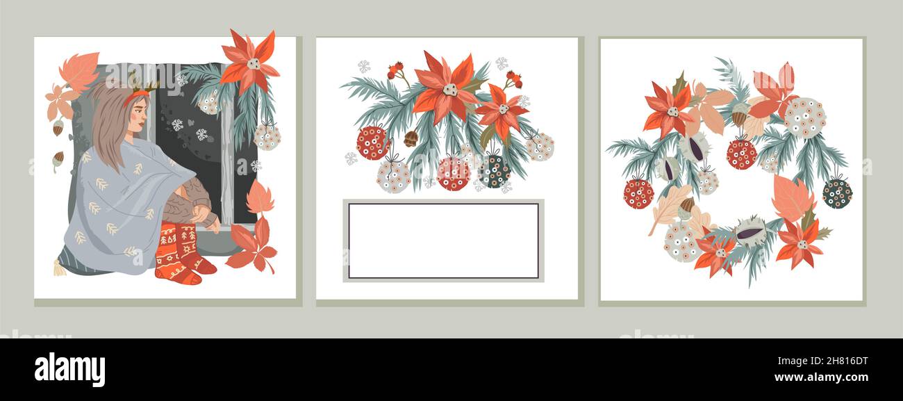 Set di biglietti d'auguri per Natale e Capodanno o poster per il web e social network, illustrazione vettoriale piatta. Collezione vacanze di Natale Illustrazione Vettoriale