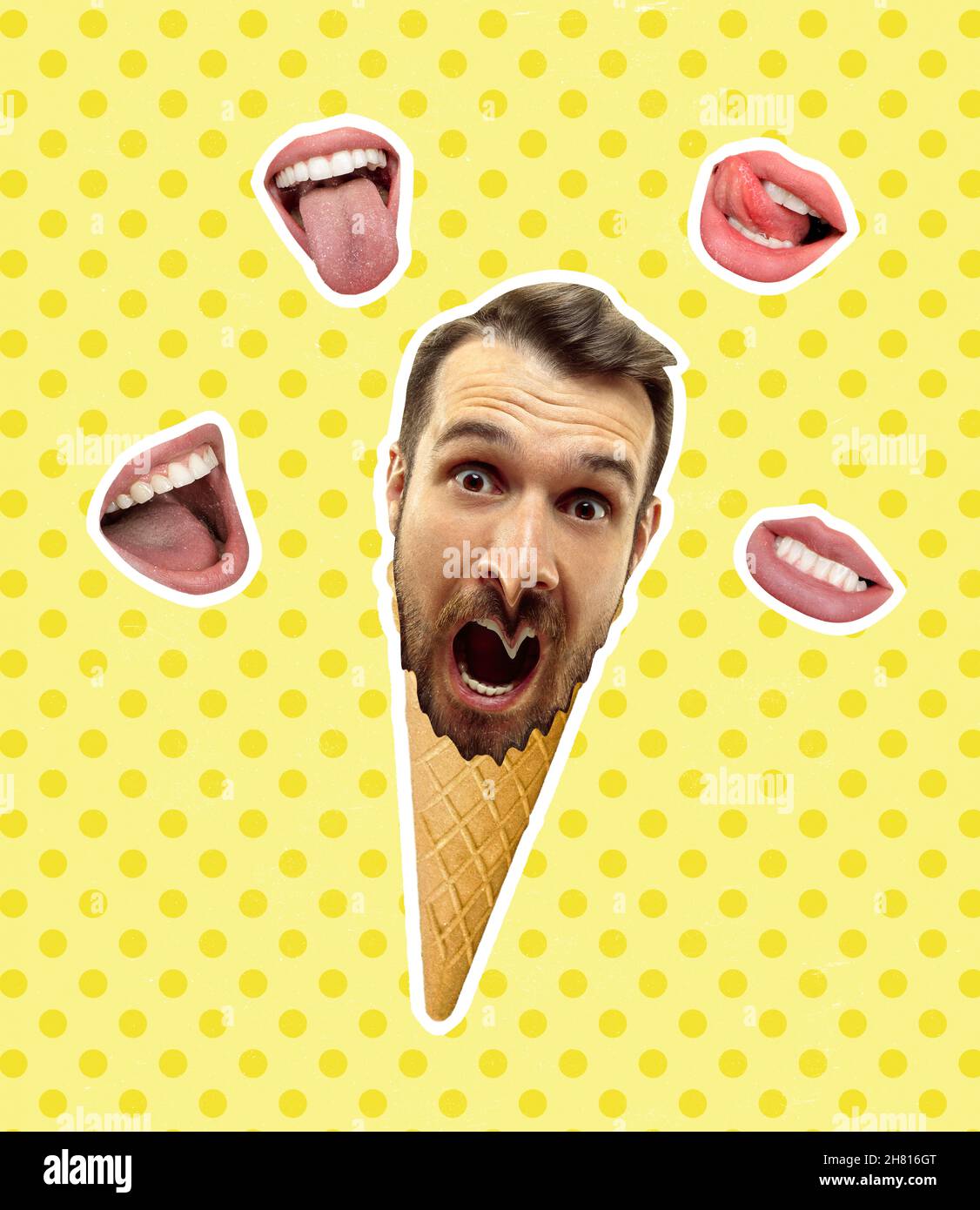 Collage d'arte contemporanea di testa maschile in cono gelato e bocca femminile intorno isolato su sfondo giallo. Foto Stock