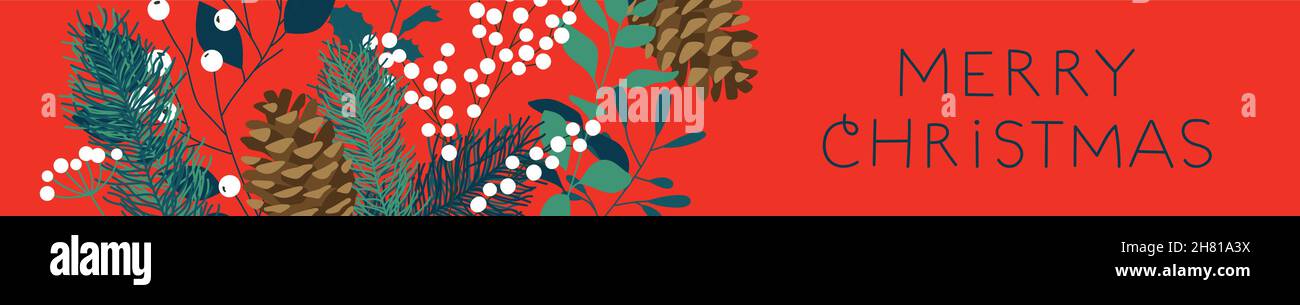Allegro banner web di Natale illustrazione di verde naturale inverno decorazione piante e alberi di pino ornamenti. Holiday Card per festeggiamenti natalizi. Illustrazione Vettoriale