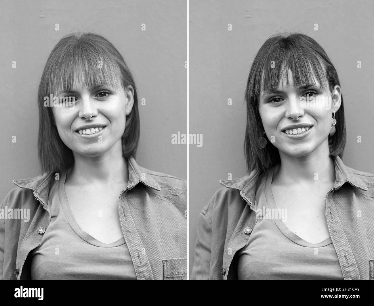 Ritratto comparativo della stessa donna caucasica - Simulazione di prima e dopo un trattamento ringiovanente, rimozione dei segni di invecchiamento. Anti-invecchiamento A. Foto Stock
