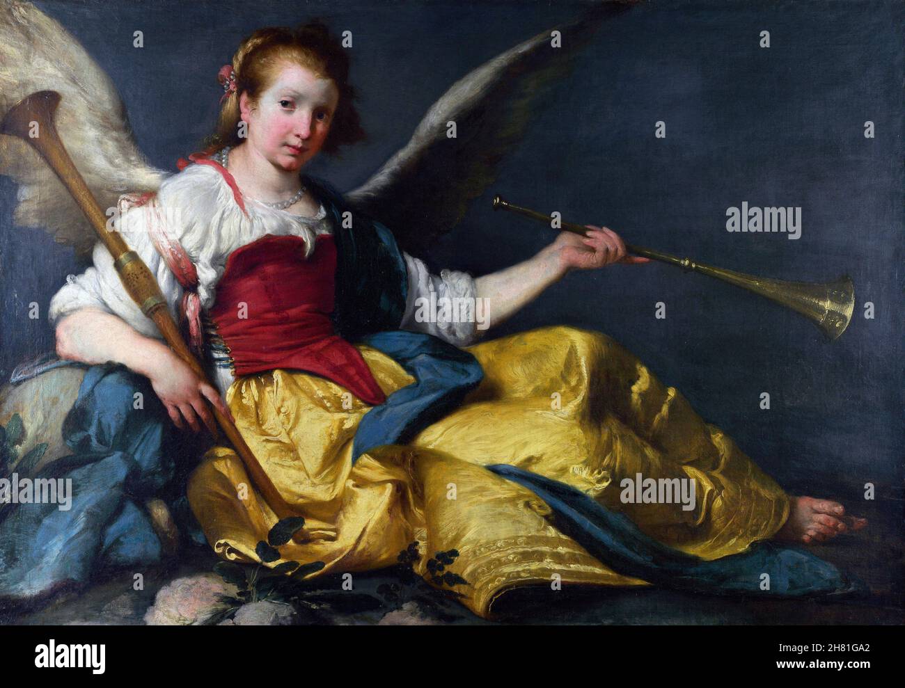 Una personifazione di fama del pittore barocco italiano Bernardo Strozzi (c.1581-1644), olio su tela, c.1636/6 Foto Stock