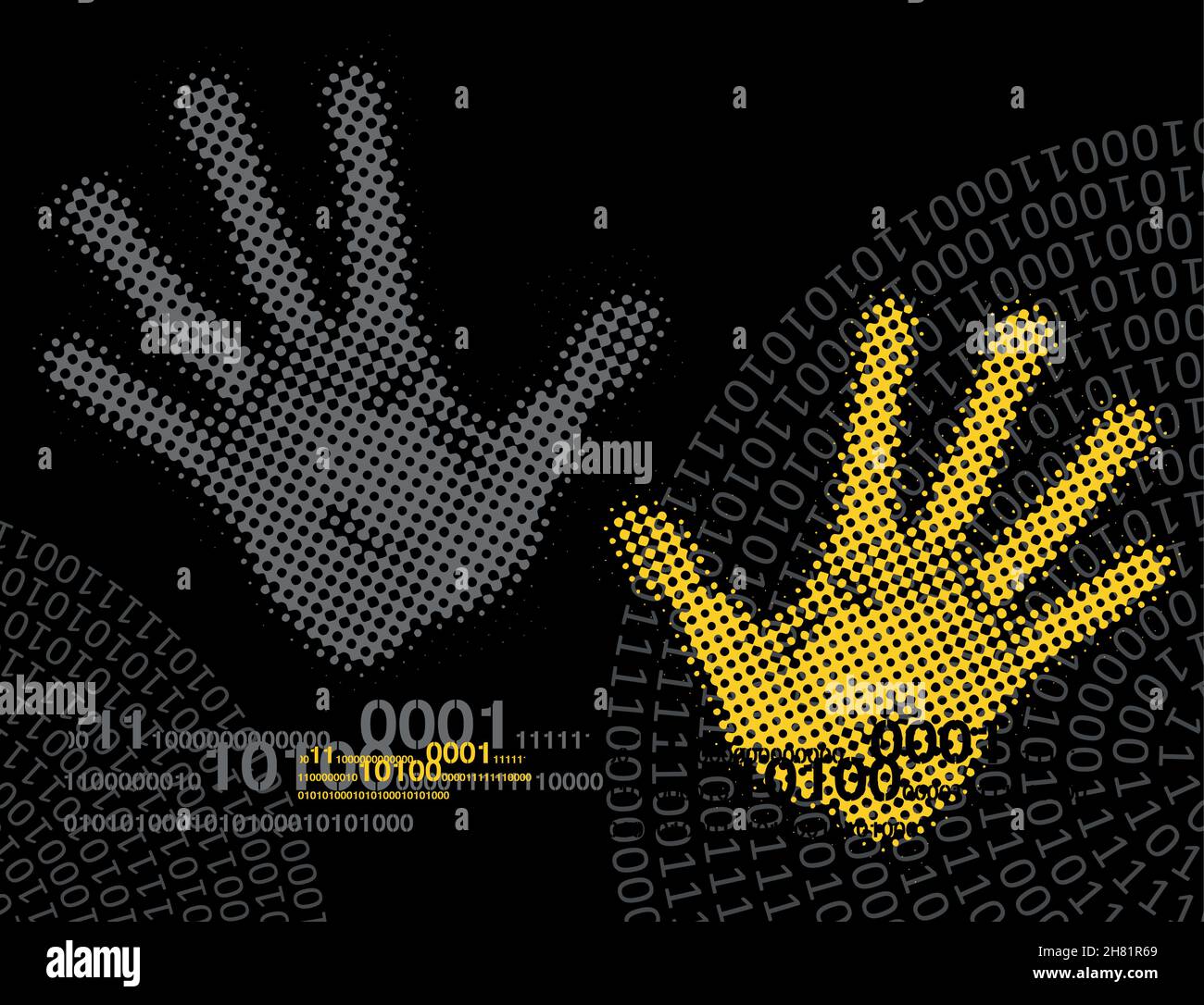 Background codice binario mani e spirale. Illustrazione delle impronte digitali con codici binari su sfondo nero. Vettore disponibile. Illustrazione Vettoriale
