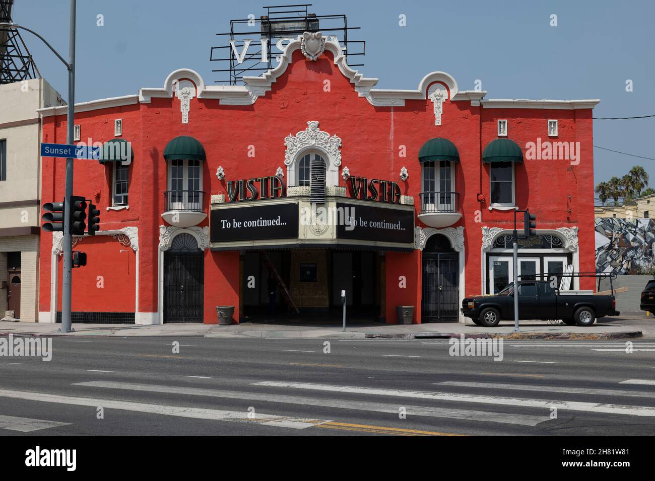 Los Angeles, CA USA - 23 agosto 2021: Lo storico Vista Theatre DI LOS ANGELES ha ancora chiuso 18 mesi dopo l'entrata in vigore dei blocchi del coronavirus Foto Stock