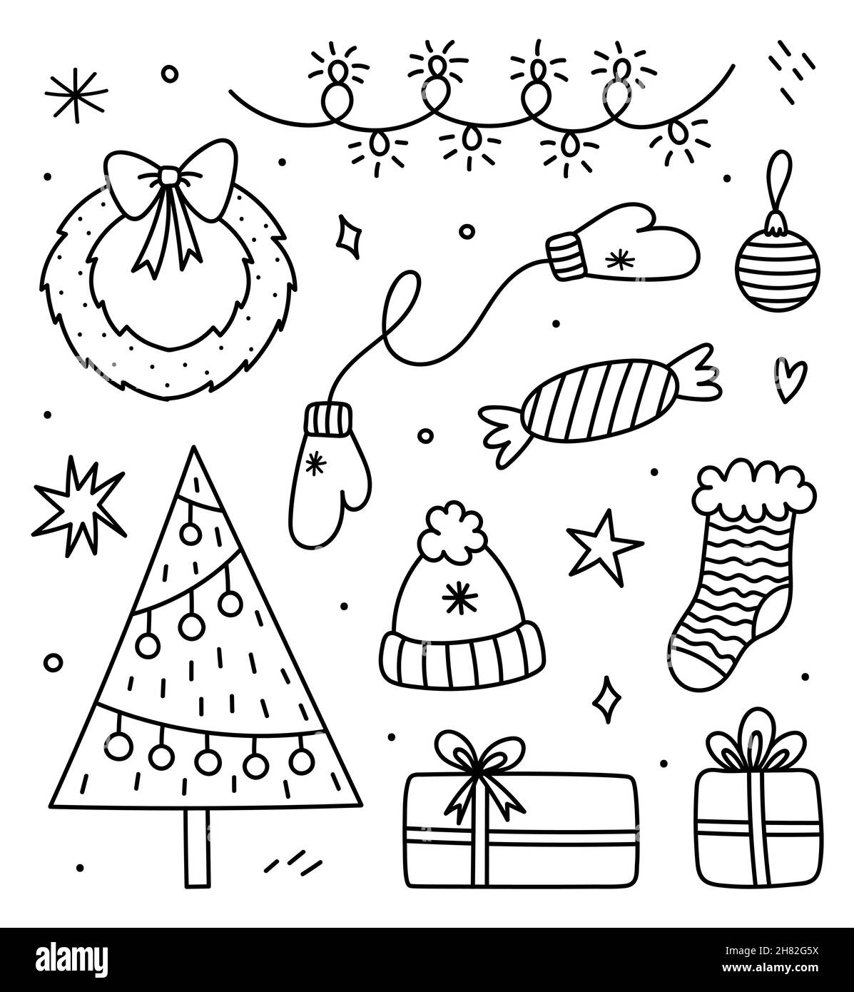 Carino set di doodles invernali - un albero di Natale decorato, ghirlande, regali, una corona di Natale, abiti caldi. Cartoon vettoriale illustrazione disegnata a mano. Perfetto per progetti di vacanza, biglietti, inviti. Illustrazione Vettoriale Carino set di doodles invernali - un albero di Natale decorato, ghirlande, regali, una corona di Natale, abiti caldi. Cartoon vettoriale illustrazione disegnata a mano. Perfetto per progetti di vacanza, biglietti, inviti. Illustrazione Vettoriale
