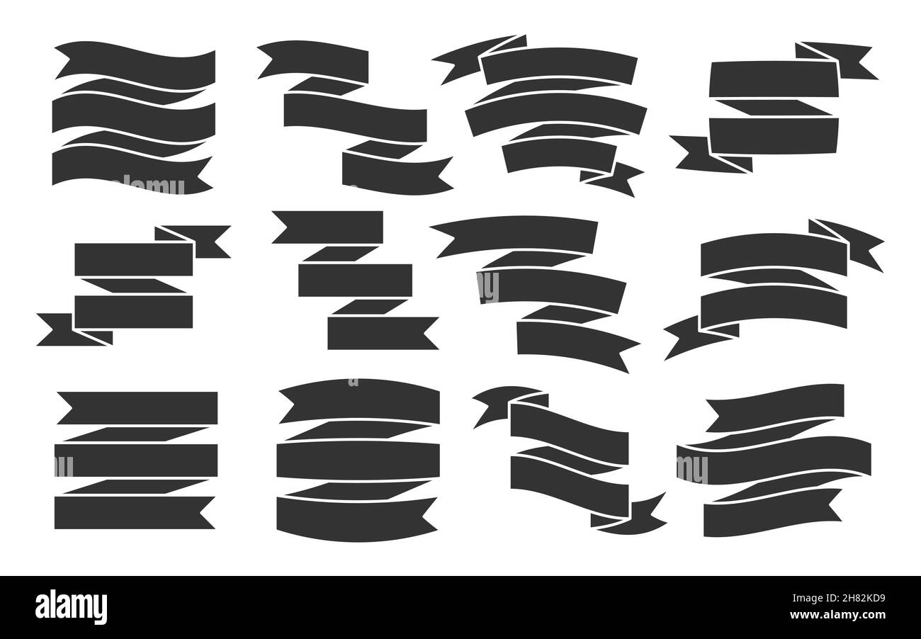 Nastro banner flag festive attributo nero flat set. Sconto di vendita evento importante. Compilazione flessibile del modulo vuoto. Negozio di inviti per segnaletica di elementi araldici. Icona di presentazione del vincitore isolata in bianco Illustrazione Vettoriale
