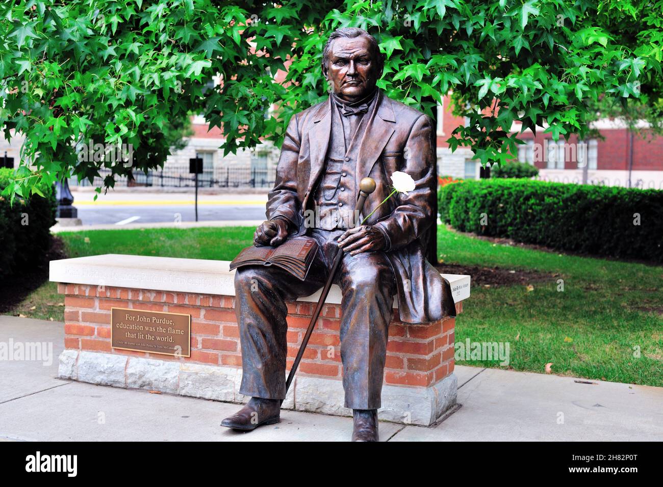 West Lafayette, Indiana, Stati Uniti. Una statua di John Purdue nel Founders Park nel campus della Purdue University. Foto Stock