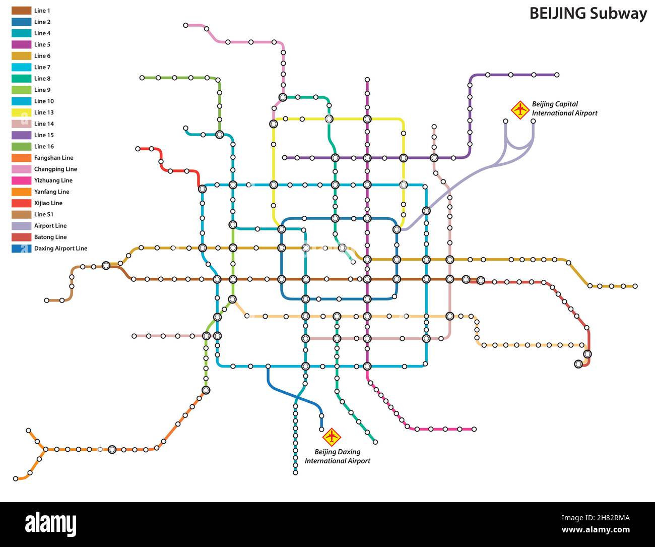 Illustrazione vettoriale della Mappa della Metropolitana di Pechino, Cina Illustrazione Vettoriale