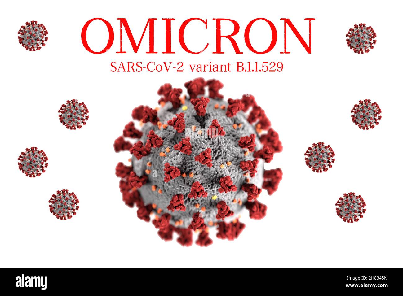 Omicron nuova variante di mutazione SARS B.1.1.529 concetto, con titolo. Illustrazione dell'immagine del virus COVID-19 su sfondo bianco. Foto Stock
