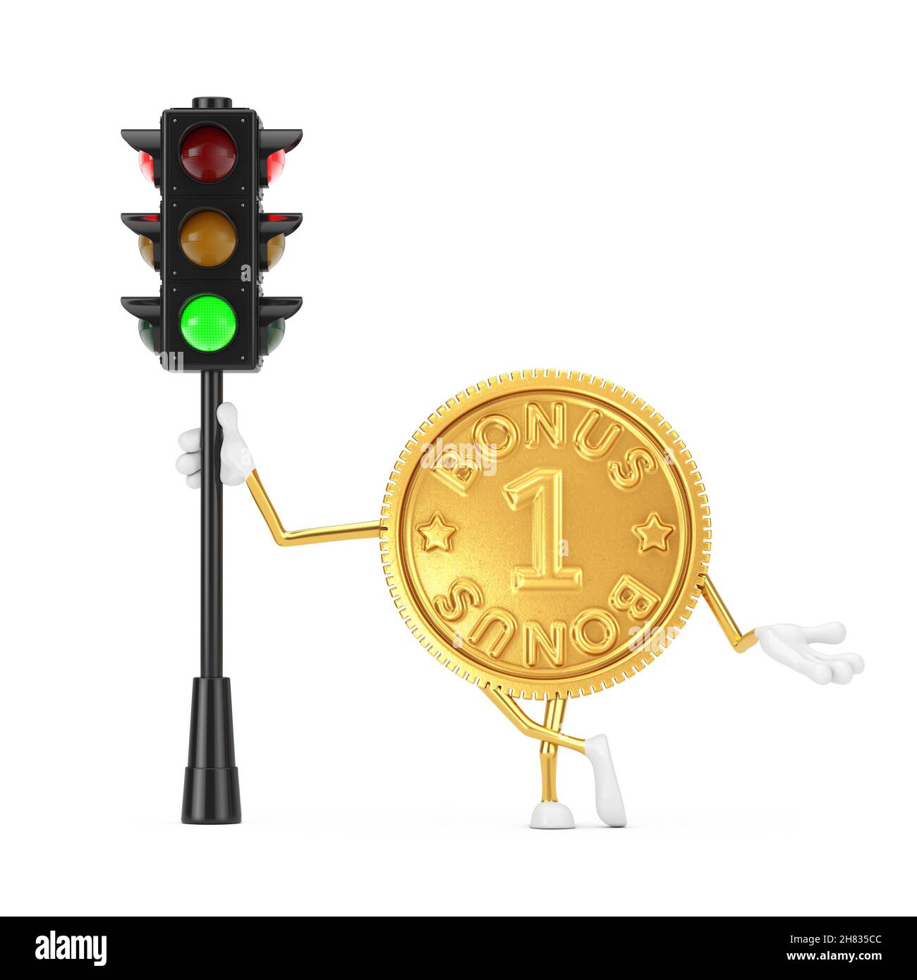 Golden Loyalty Program Bonus Coin persona personaggio Mascot con semaforo verde su sfondo bianco. Rendering 3d Foto Stock