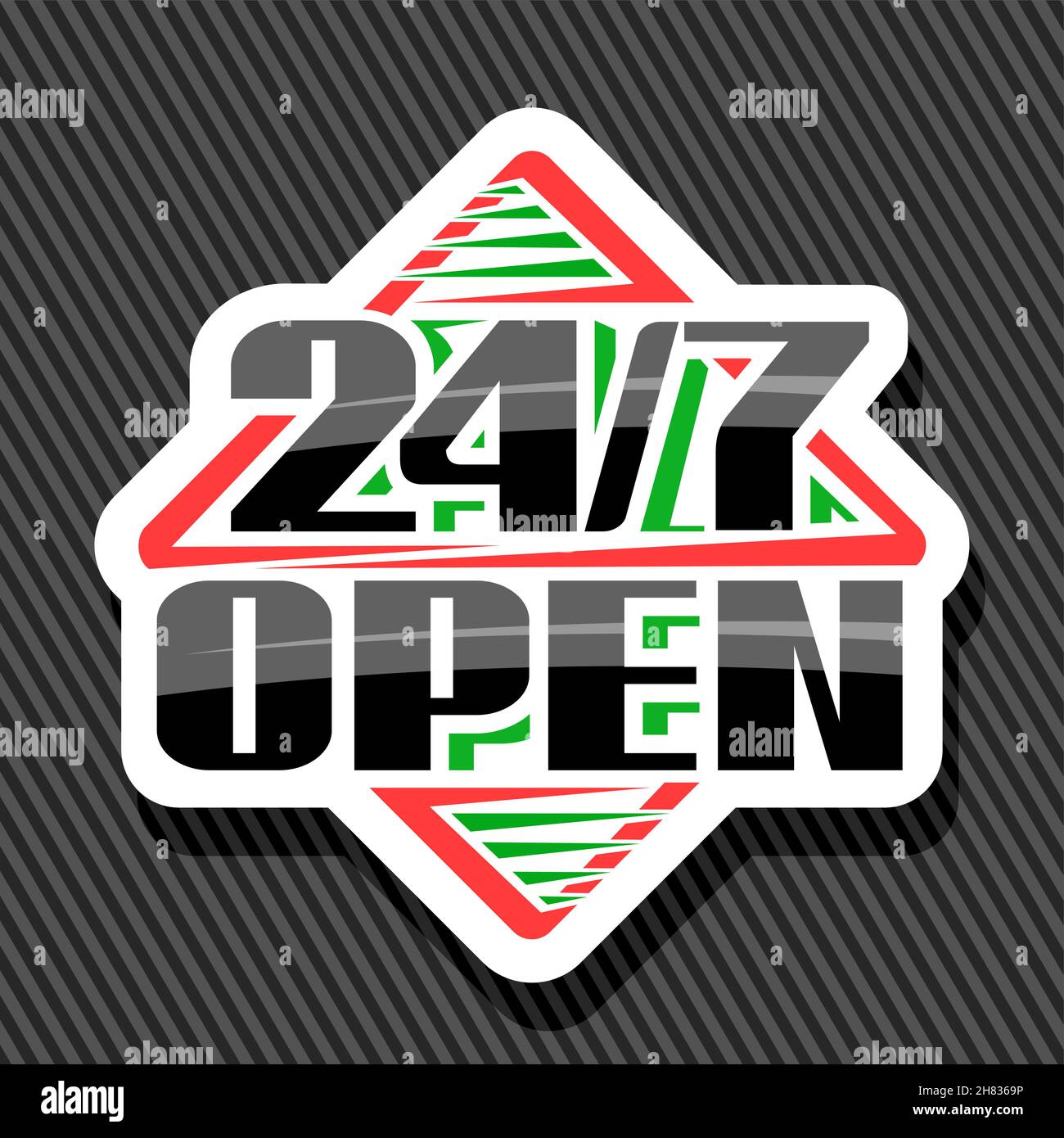 Vector Sign 24/7 Logo decorativo bianco aperto con scritta a pennello unica per parola nera 24/7 aperto, isolato concetto di business rombo con ombra sul grigio Illustrazione Vettoriale