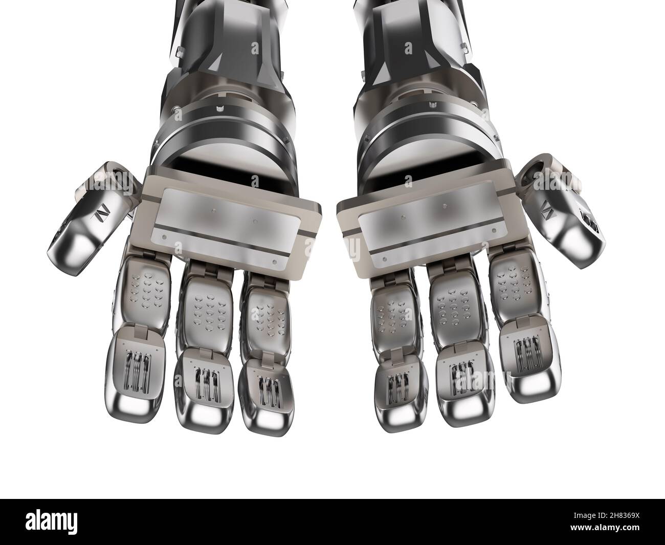 3D rendering mano robotica con il palmo della mano aperta isolata su bianco Foto Stock