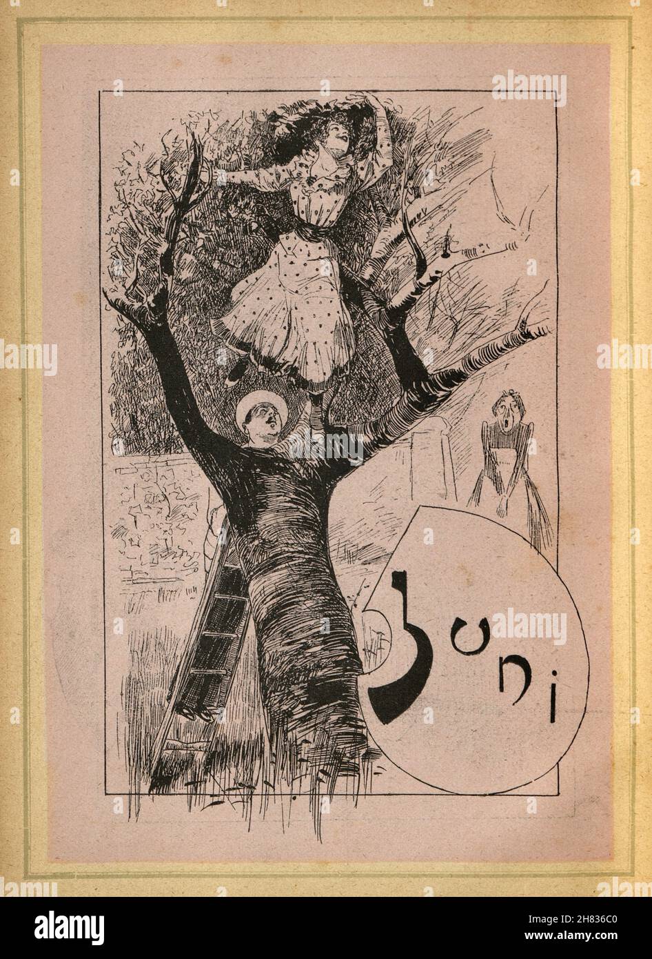 Cartone animato vittoriano, uomo che aiuta la donna su una scala, guardando la gonna, Caviar Kalender, giugno, tedesco, 19 ° secolo 1893 Foto Stock