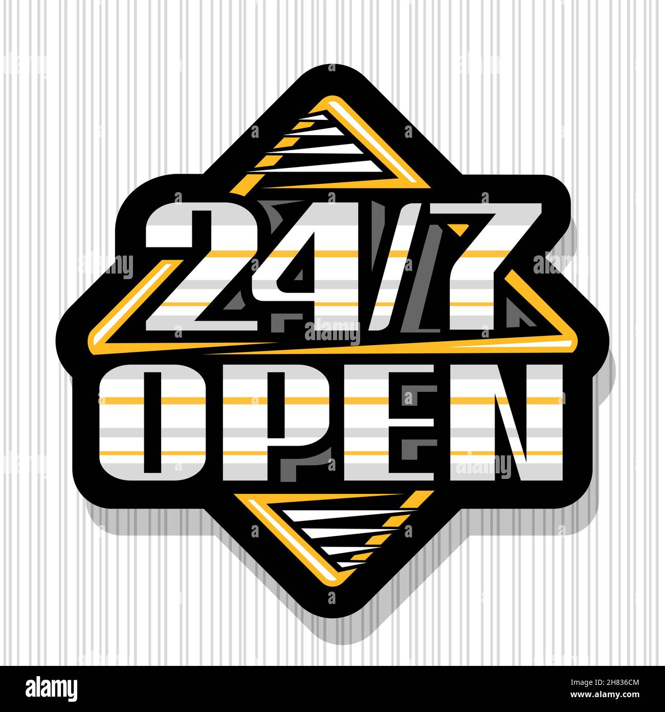 Vector Sign 24/7 Logo decorativo aperto e scuro con scritta a pennello unica per parola 24/7 aperto, isolato concetto di business rombo con ombra su striscia grigia Illustrazione Vettoriale