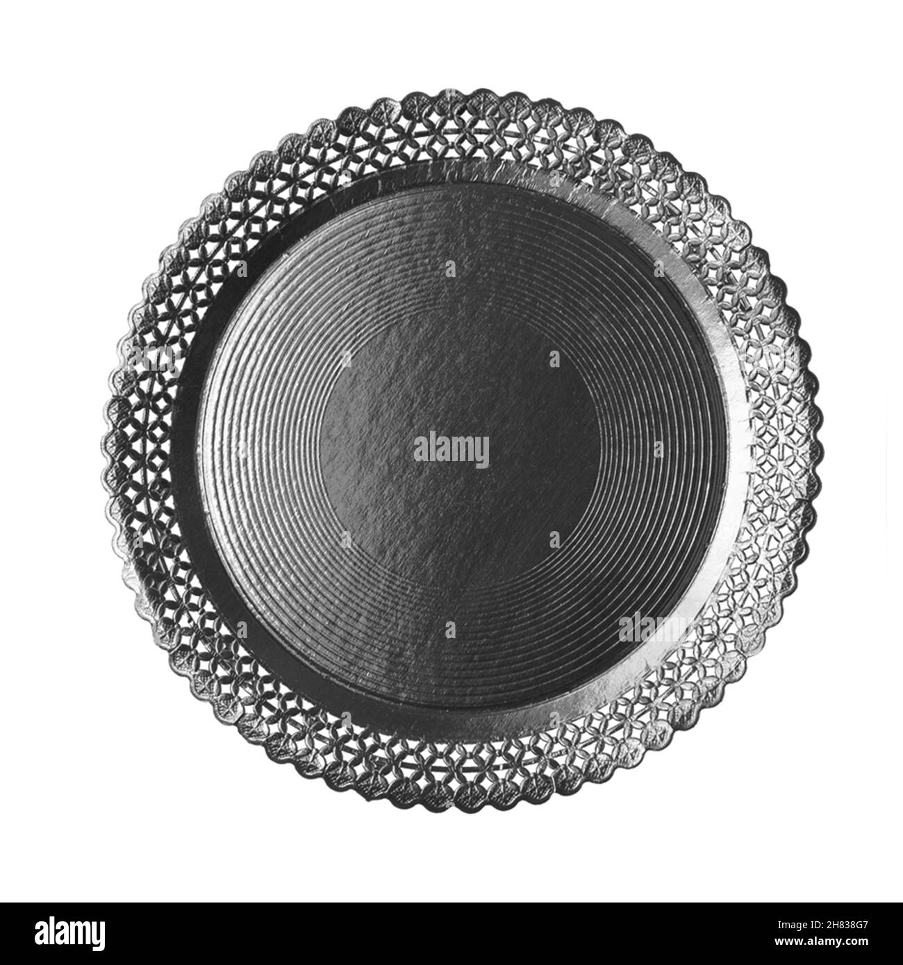 Piastra nera isolata su sfondo bianco, fotografia di oggetti dolciari, carta da parati con piastra clipart Foto Stock