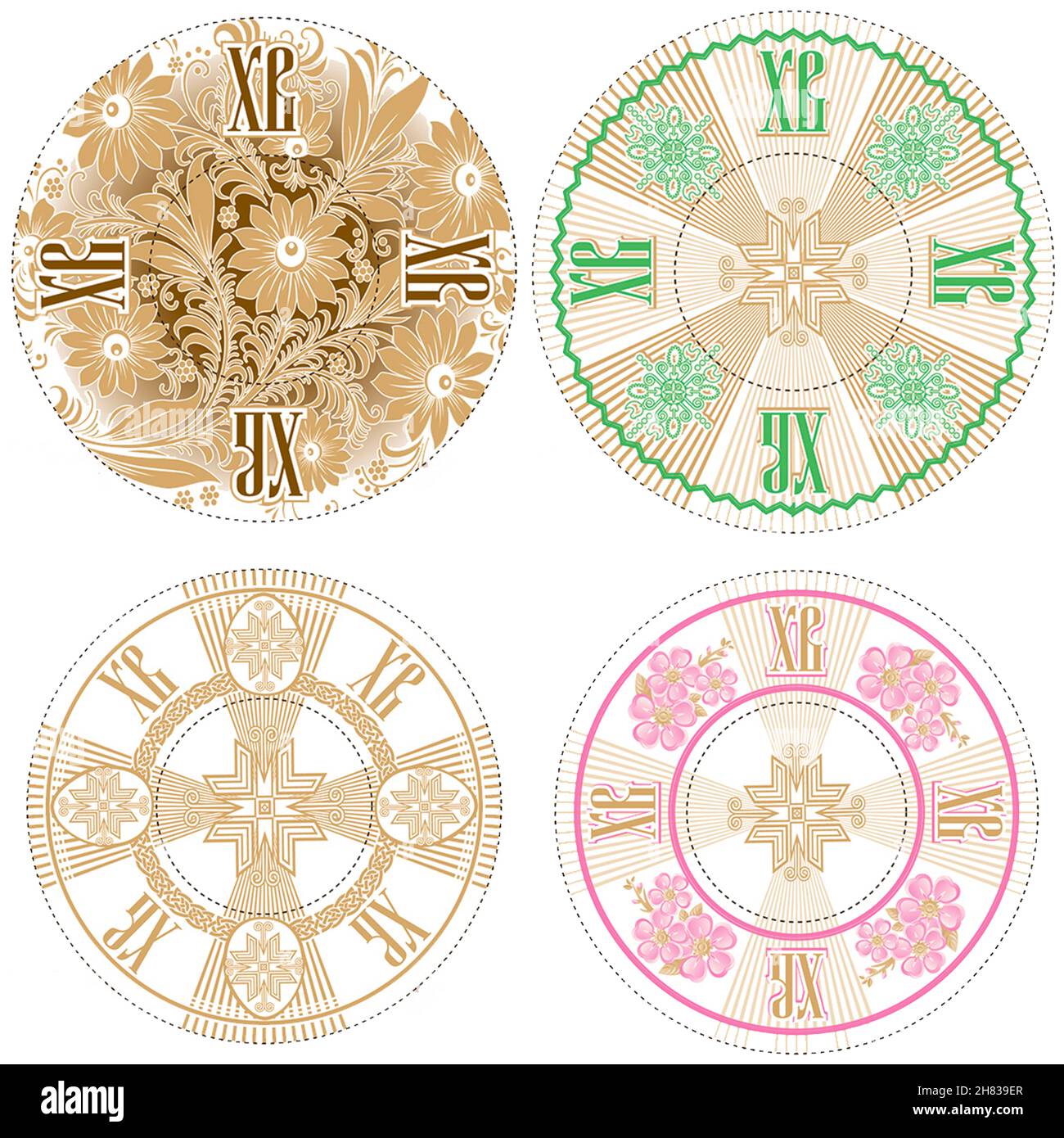 Icone di piastra impostate con motivi di Pasqua ortodossi colorati isolati su sfondo bianco, illustrazione. Collezione di icone rotonde testurizzate, muffin circolari o. Foto Stock