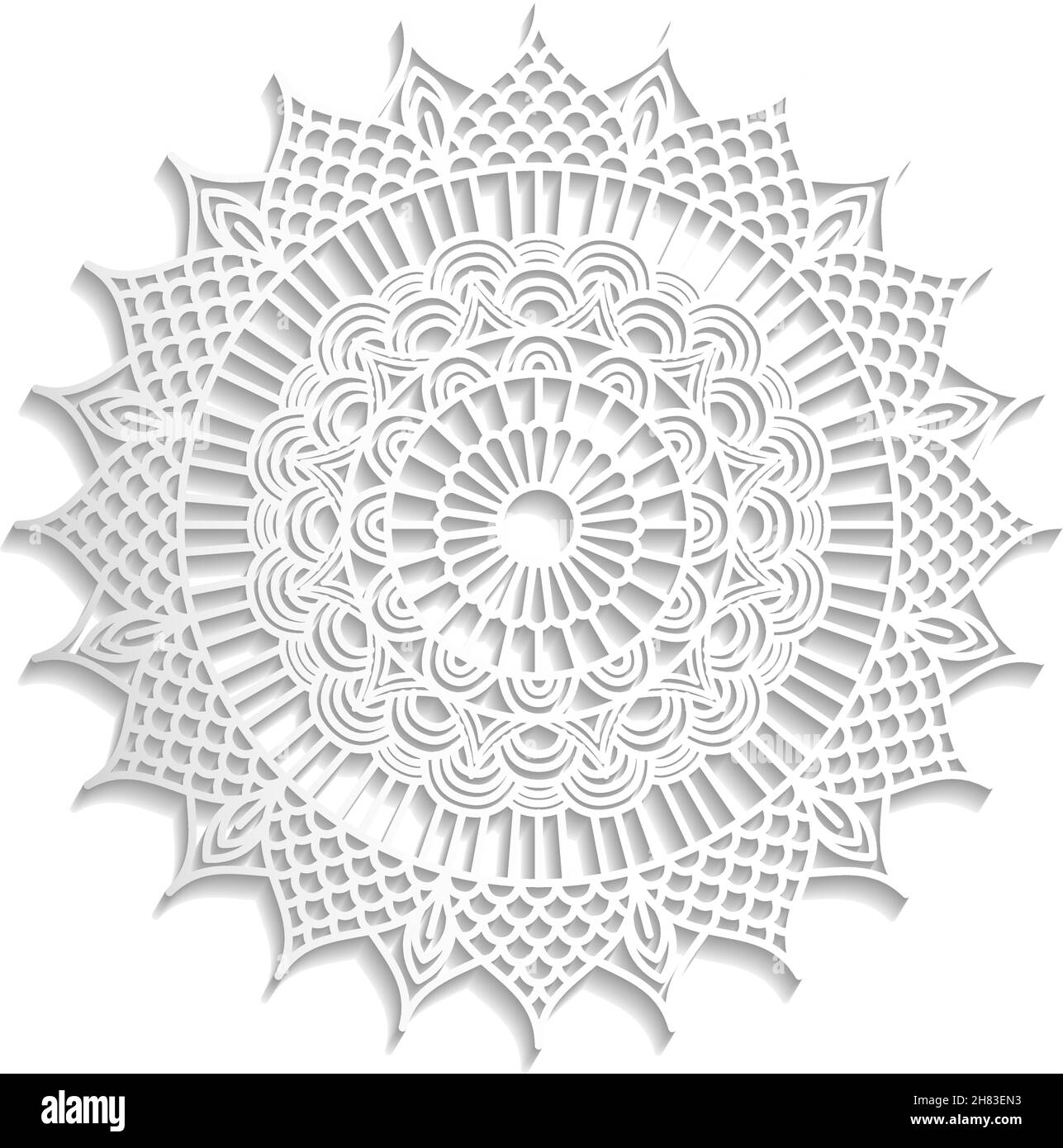Modello di apertura vettoriale Mandala con ombra bianca su sfondo bianco. Illustrazione Vettoriale