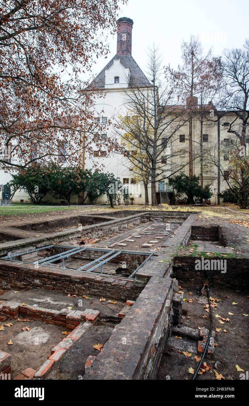 Brno, Repubblica Ceca. 26 novembre 2021. Le basi di Glasshouse della Napp, dove Gregor Mendel, scienziato e abate dell'Abbazia di St Thomas, ha condotto una serie di esperimenti da 1856 a 1863 piante di piselli in crescita nel suo laboratorio all'aperto, Che portano alla sua scoperta rivoluzionaria di caratteristiche ereditarie, sono stati scoperti durante gli scavi nell'Abbazia di San Tommaso a Brno, Repubblica Ceca, 16 novembre 2021. Credit: Monika Hlavacova/CTK Photo/Alamy Live News Foto Stock