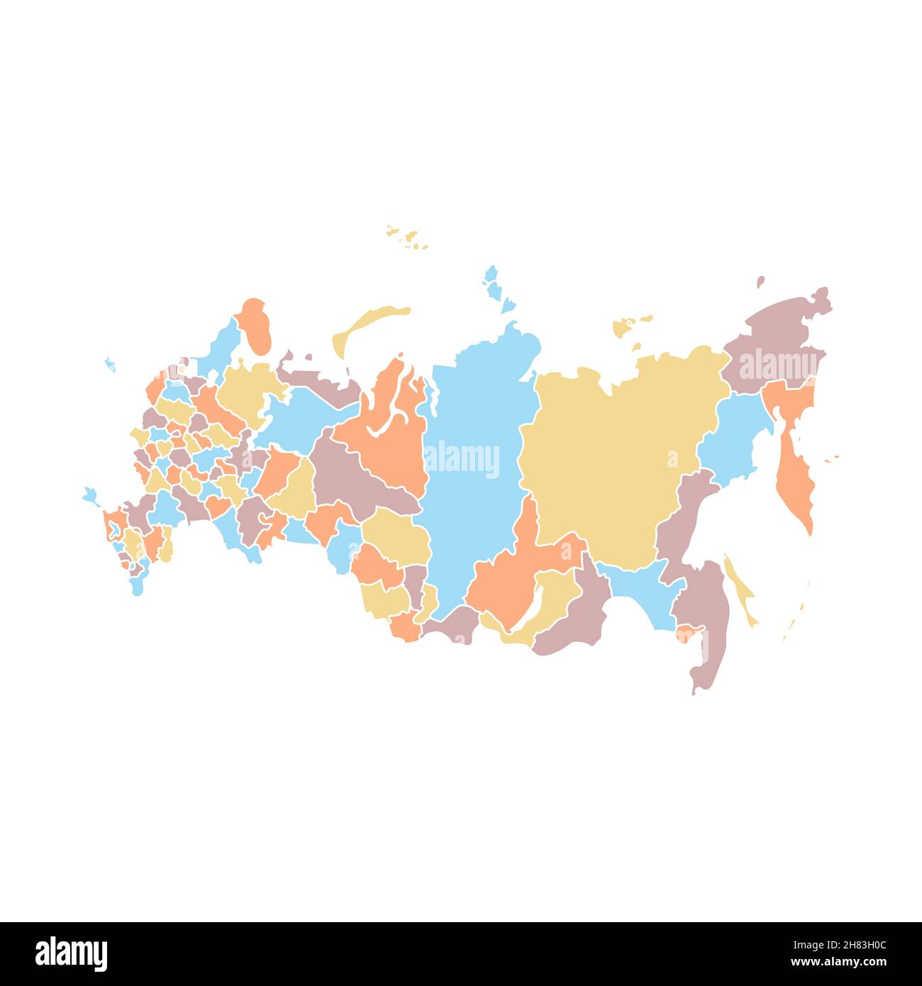 Mappa colorata della Russia con regioni amministrative isolate su sfondo bianco. Icona vettore per il Web Illustrazione Vettoriale