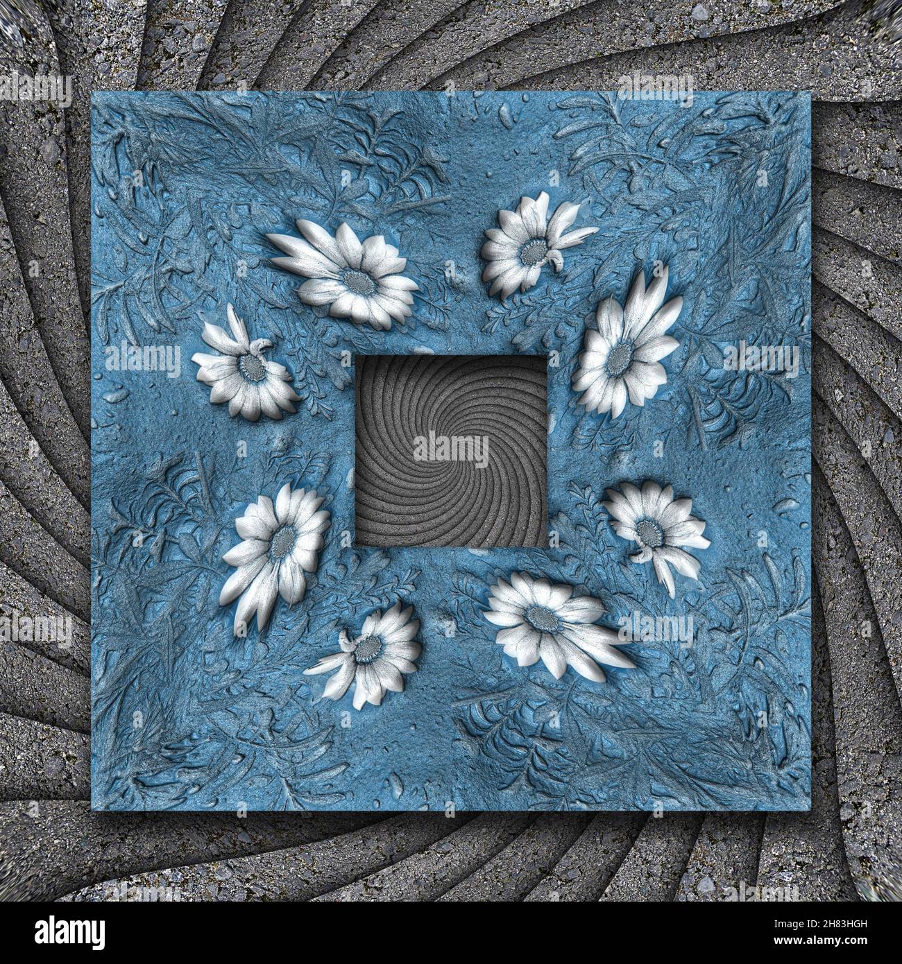 Illustrazione 3D di cornice ornamentale fiore su piastrelle di sfondo testurizzato Foto Stock