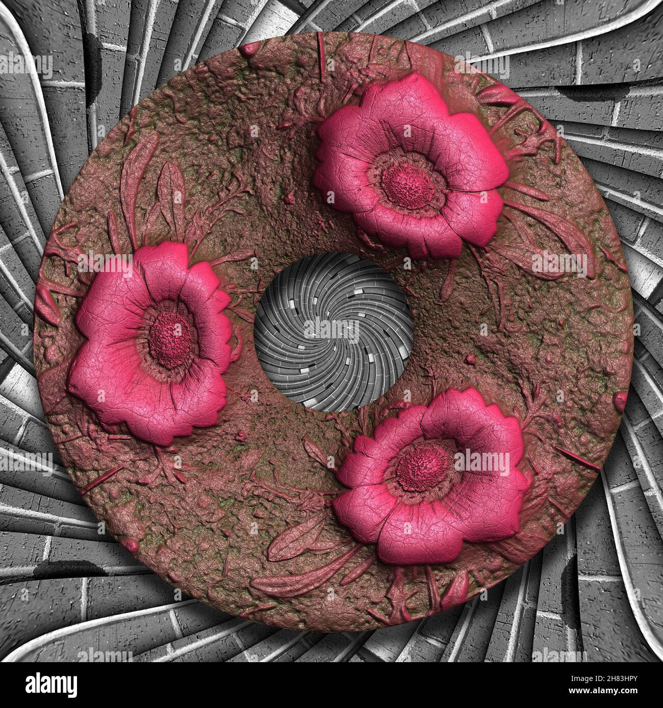 Illustrazione 3D di cornice ornamentale fiore su piastrelle di sfondo testurizzato Foto Stock