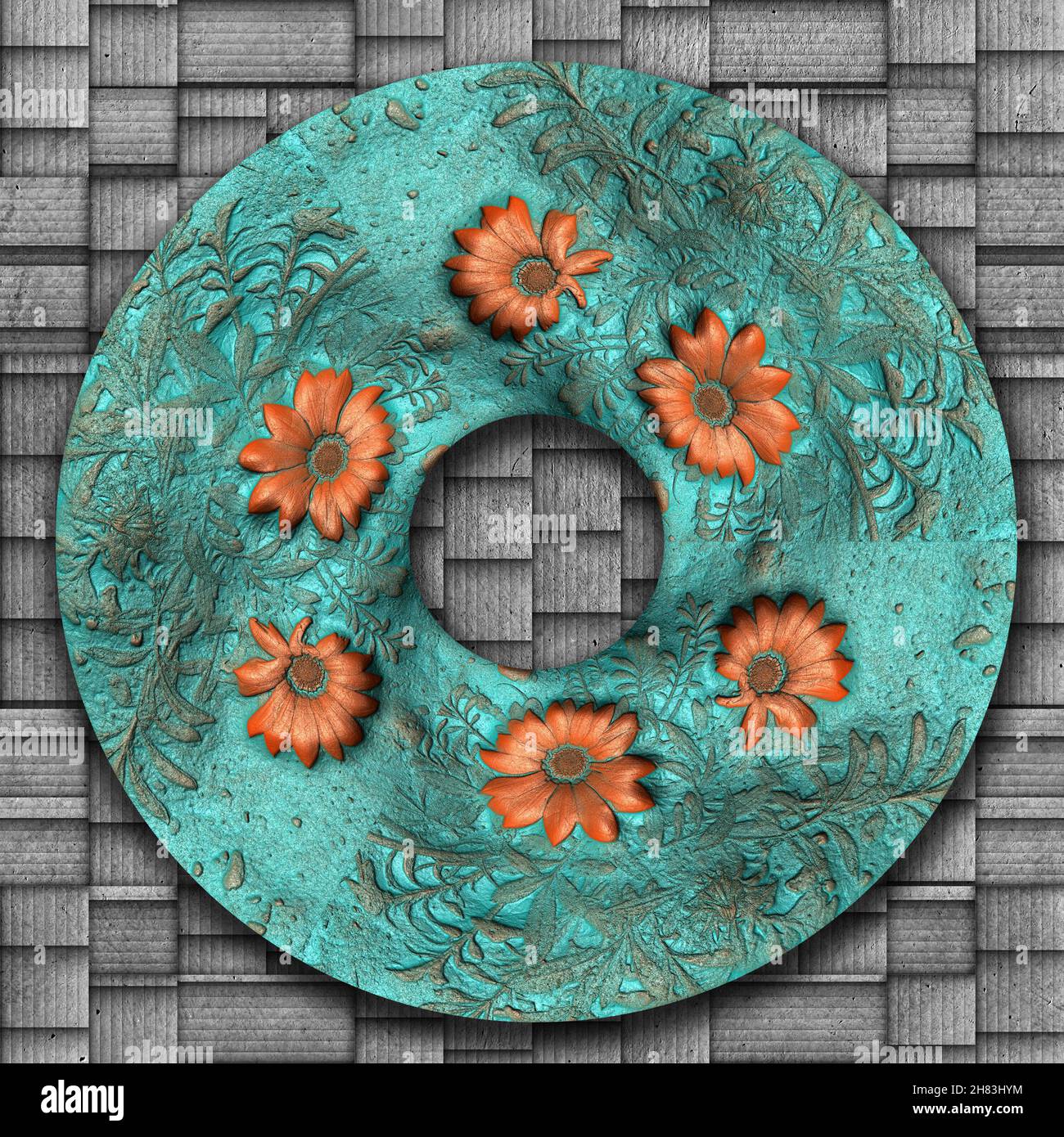 Illustrazione 3D di cornice ornamentale fiore su piastrelle di sfondo testurizzato Foto Stock