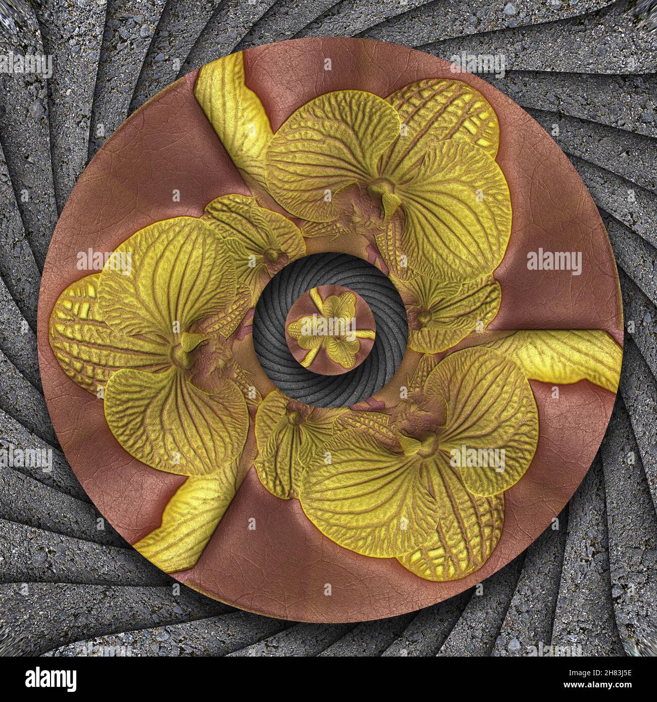 Illustrazione 3D di cornice ornamentale fiore su piastrelle di sfondo testurizzato Foto Stock