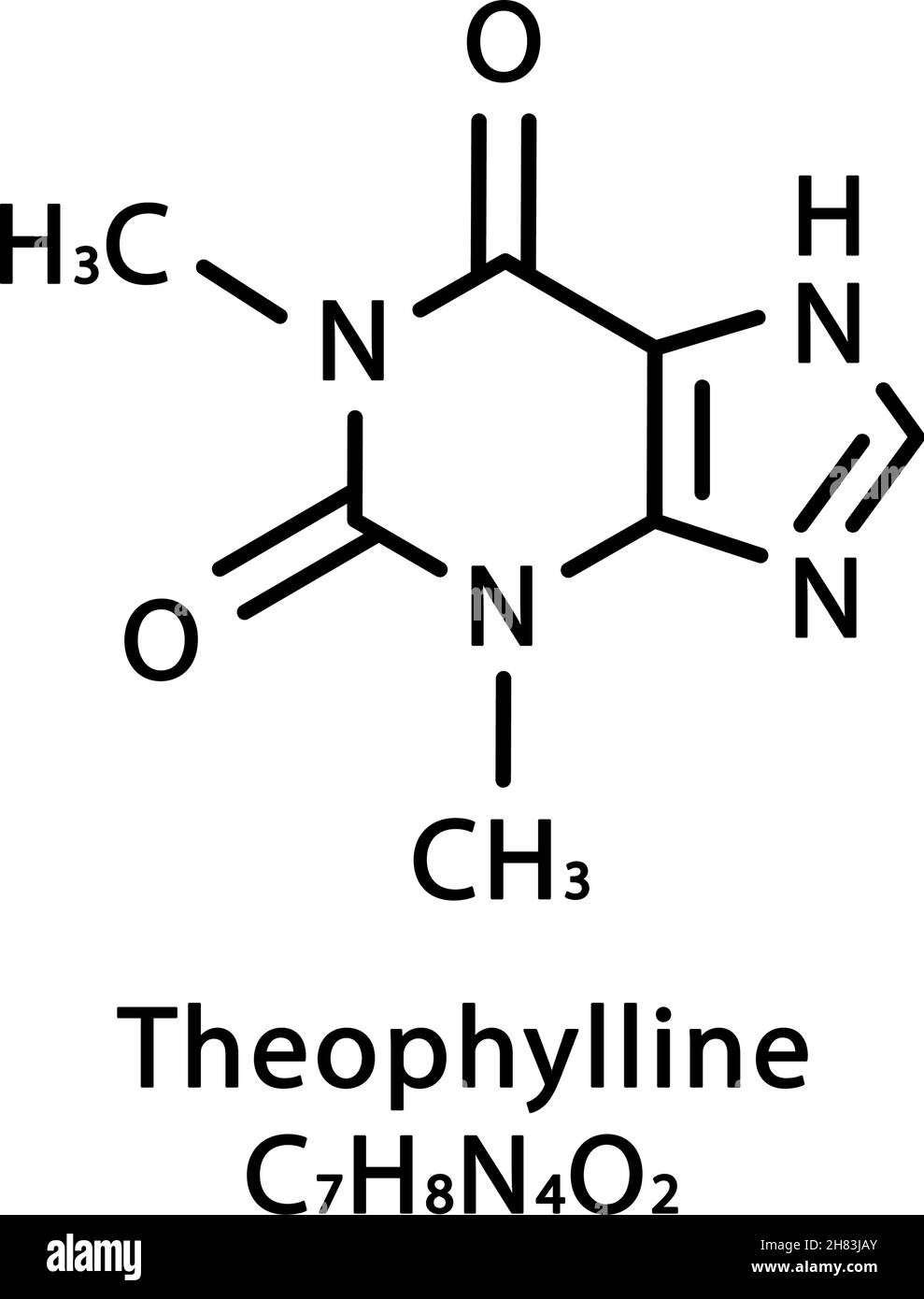 Struttura molecolare teofillina. Formula chimica scheletrica teofillina. Illustrazione del vettore della formula molecolare chimica Illustrazione Vettoriale