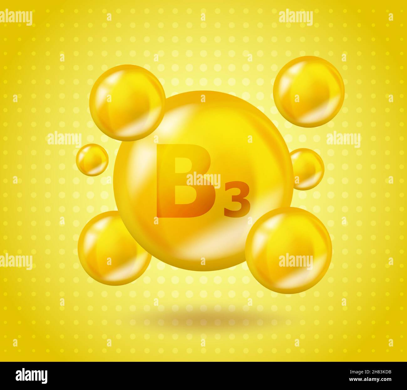Realistico B3 Vitamina Niacin design. Concetto di illustrazione della nutrizione gialla. 3D Vitamin Complex B3 Niacin design. Goccia capsula di pillola. Illustrazione Vettoriale