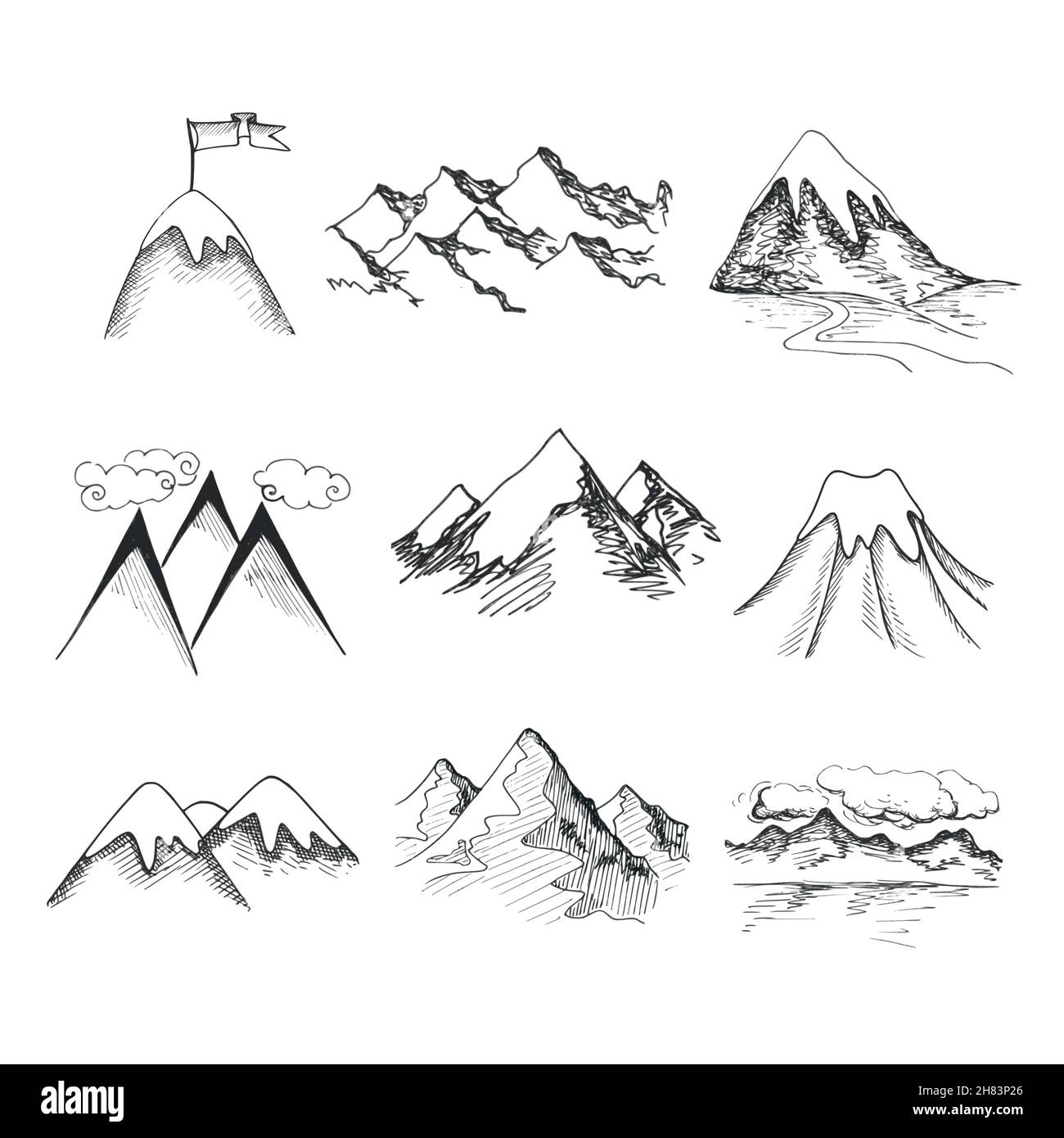 Disegnata a mano snow ice mountain tops icone decorativo isolato illustrazione vettoriale Illustrazione Vettoriale