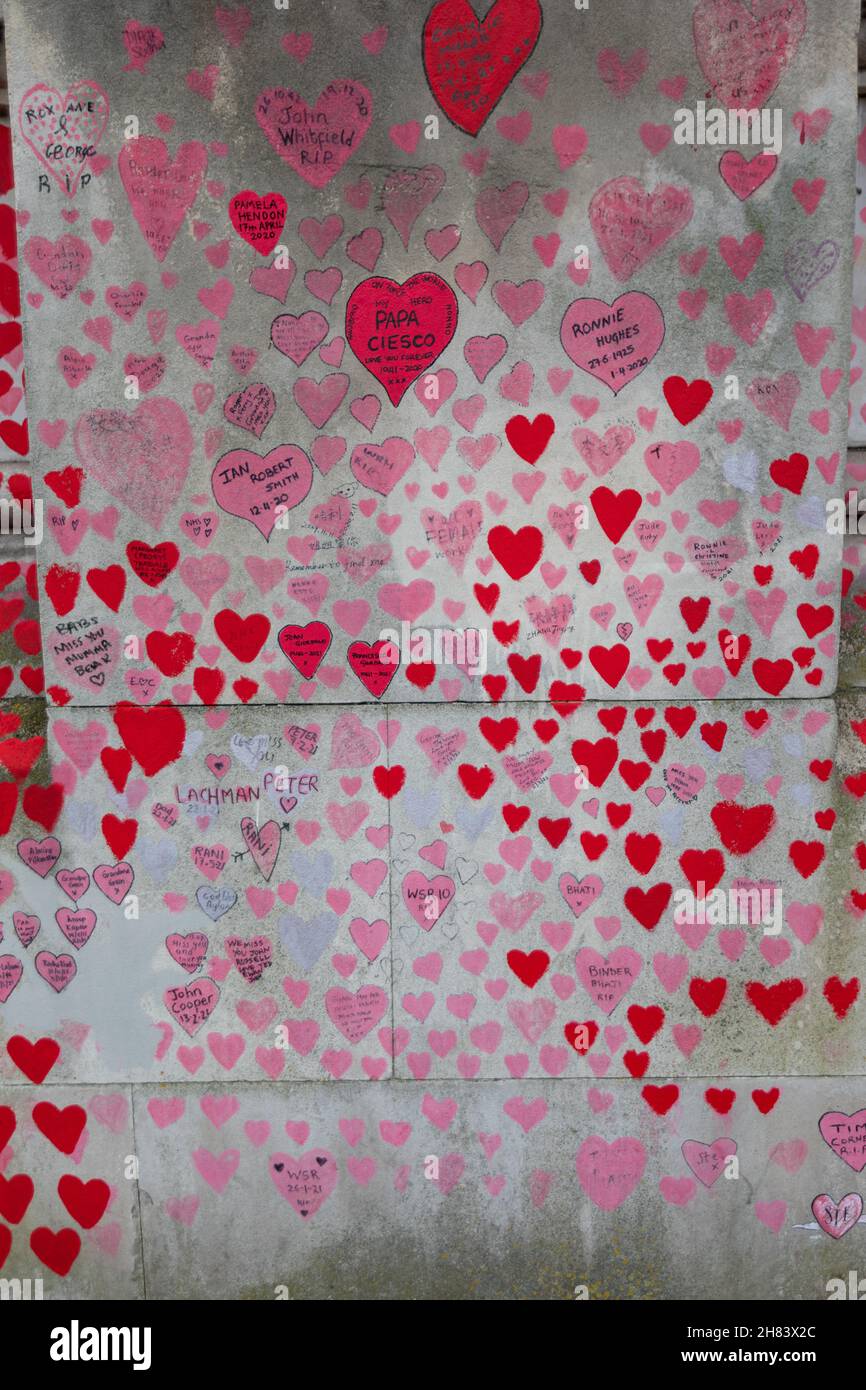 Londra, Regno Unito. 27 novembre 2021. Una sezione densamente ricca del National COVID Memorial Wall di Londra, con centinaia di cuori rossi e rosa dipinti a mano, ognuno con nomi, date e messaggi personali. Questo murale pubblico si estende lungo la sponda meridionale del Tamigi, di fronte alla camera del Parlamento, per commemorare oltre 240.000 vite perse a causa della COVID-19 nel Regno Unito. Penelope Barritt/Alamy Live News Foto Stock