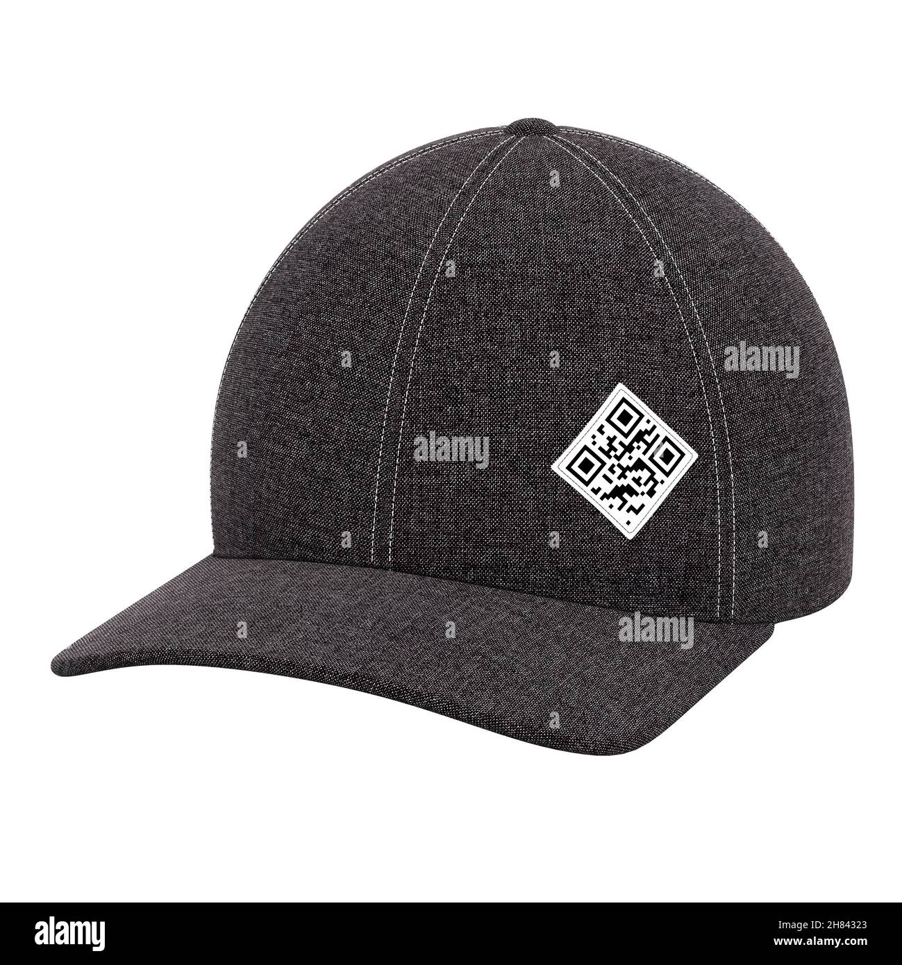 Berretto da baseball grigio con codice qr. Sfondo bianco isolato. Il concetto di vendita su Internet. rendering 3d. Foto Stock