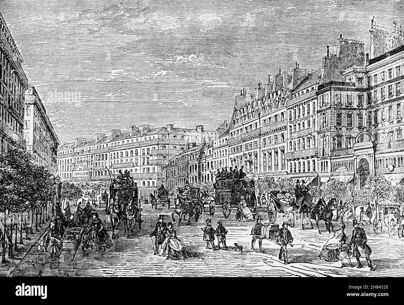 Un'illustrazione del tardo 19 ° secolo del Boulevard Montmartre, costruito nel 1763 e la più orientale dei quattro viali grands di Parigi. Contrariamente a quanto suggerisce il nome, la strada non è situata sulle colline di Montmartre. Foto Stock