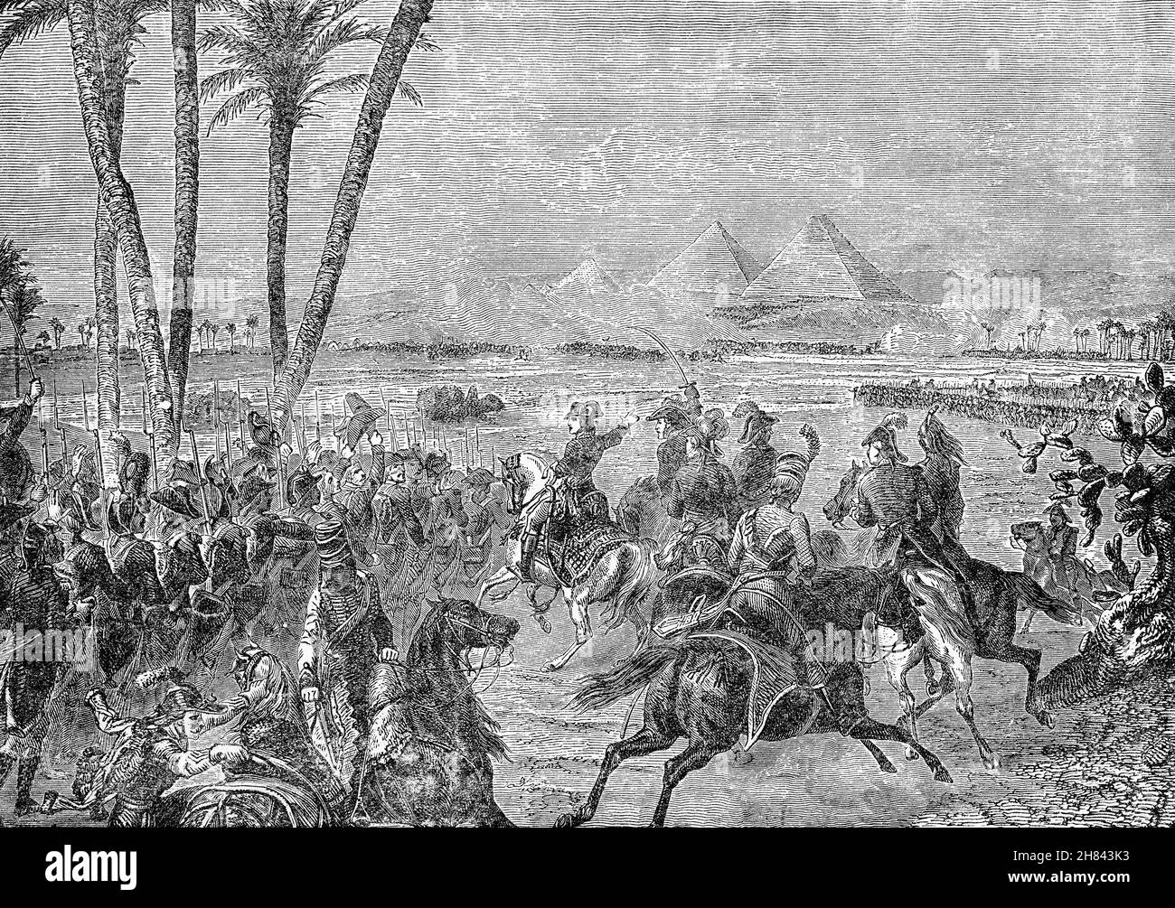 Un'illustrazione del tardo 19 ° secolo della battaglia delle piramidi, noto anche come la battaglia di Embabeh, un grande impegno combattuto il 21 luglio 1798 durante l'invasione francese d'Egitto. L'esercito francese, sotto Napoleone Bonaparte, ha segnato una vittoria decisiva contro le forze dei governanti Mamluk locali, spazzando via quasi l'intero esercito ottomano situato in Egitto. Foto Stock