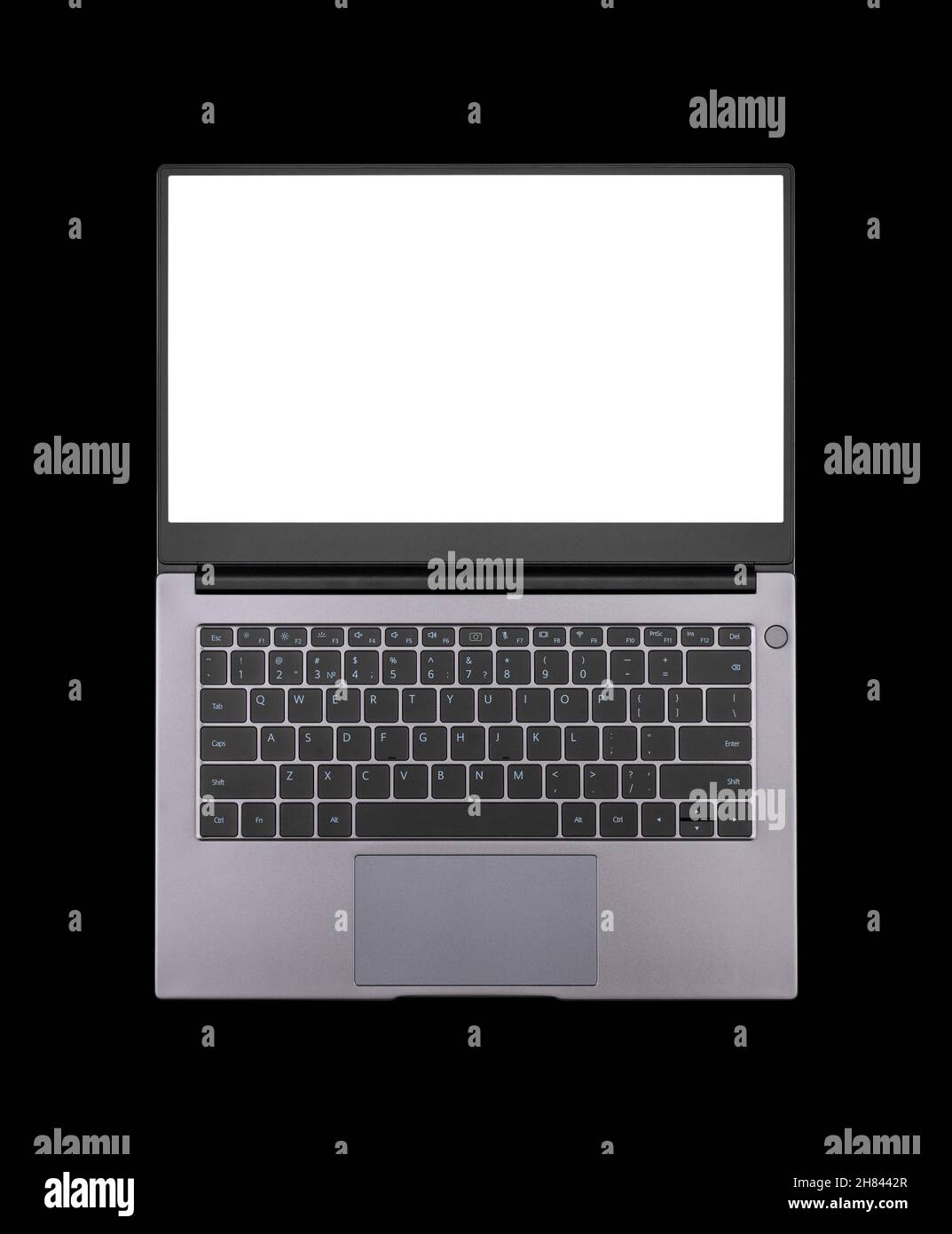 immagine bianca su uno schermo aperto del notebook isolato su sfondo nero dall'alto Foto Stock