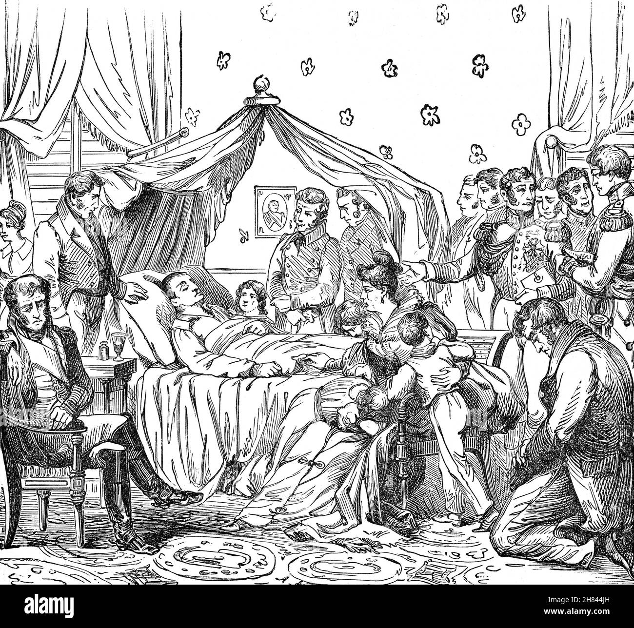 Un'illustrazione del tardo 19 ° secolo della morte di Napoleone Bonaparte (1769-1821) il 5 maggio 1821 a Longwood House su Sant'Elena, di 51 anni, dopo aver fatto la sua ultima confessione, Extreme Unction e Viaticum alla presenza di Padre Ange Vignali dal suo deathbed. Le sue ultime parole furono: Francia, l'armée, tête d'armée, Joséphine (Francia, L'esercito, capo dell'esercito, Joséphine'). Foto Stock