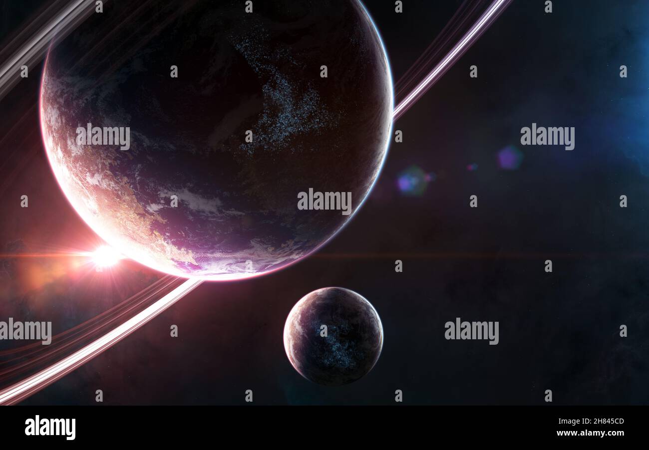 Alba, pianeti spaziali profondi. Bellissimo paesaggio spaziale Foto Stock