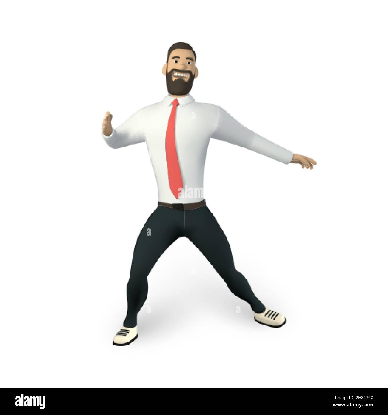 Personaggio uomo d'affari in stile cartoon 3D. Uomo in camicia bianca con cravatta. Ragazzo bearded, gesturing. Illustrazione vettoriale. Illustrazione Vettoriale