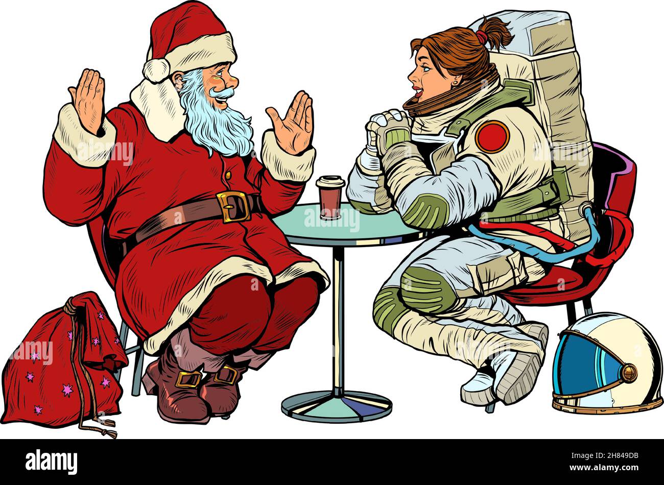 Babbo Natale è in un appuntamento con un astronauta femminile. Ristorante o caffetteria. Vacanze di Natale Illustrazione Vettoriale