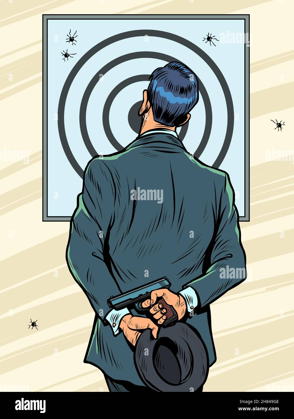 un uomo in un vestito in una galleria di tiro con una pistola, esamina il bersaglio, il risultato di tiro Illustrazione Vettoriale