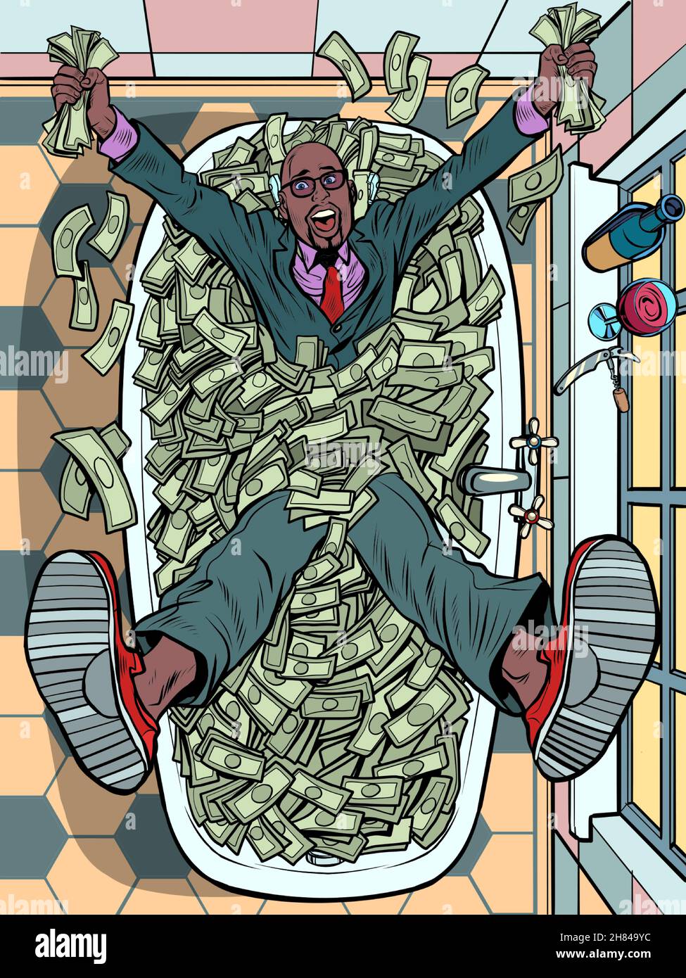 Uomo d'affari nero in bagno con soldi. Dollari in contanti, ricchezza e vincite della lotteria. Grande profitto Millionaire Illustrazione Vettoriale