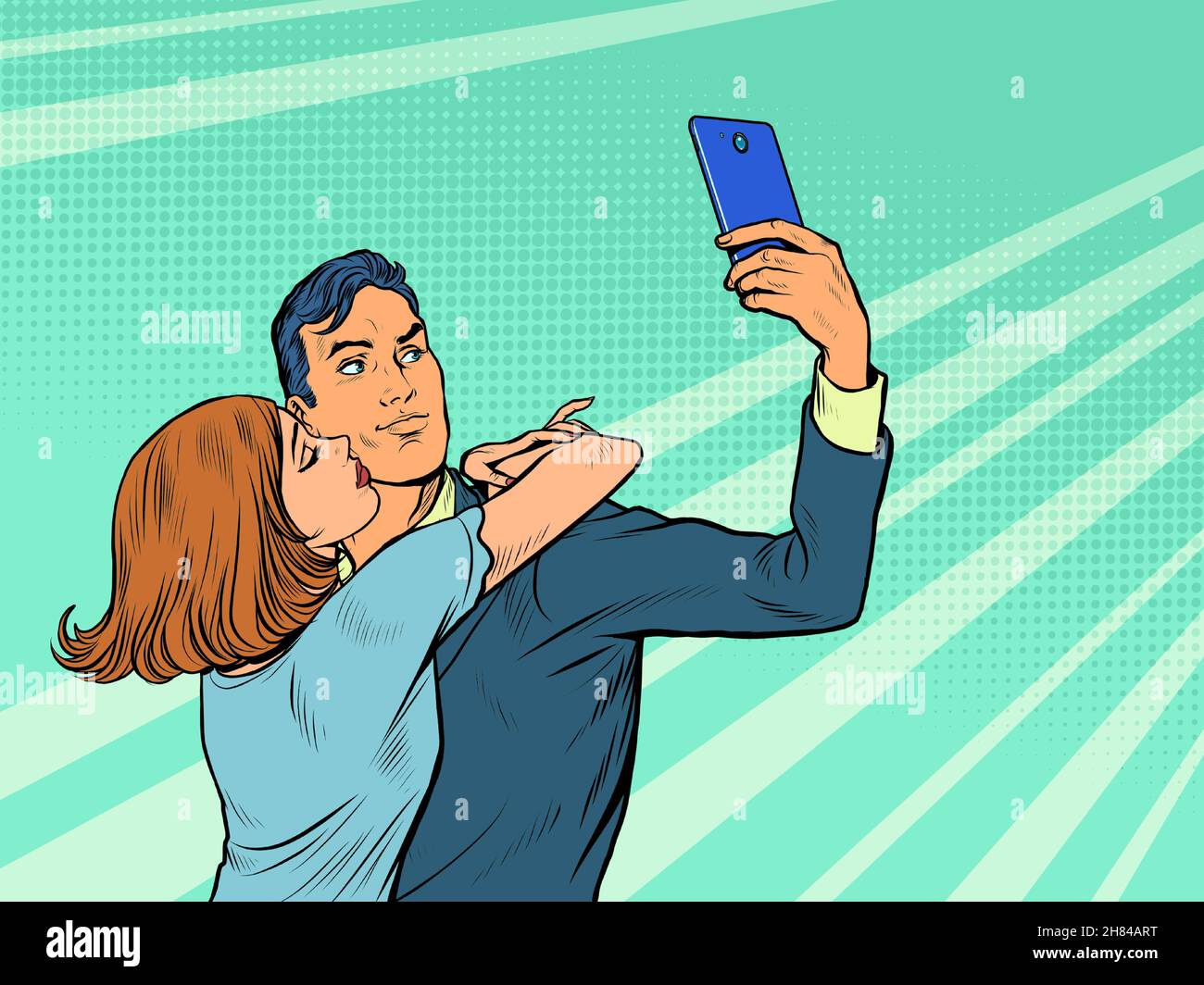 un uomo e una coppia donna prendono un selfie, una coppia innamorata Illustrazione Vettoriale