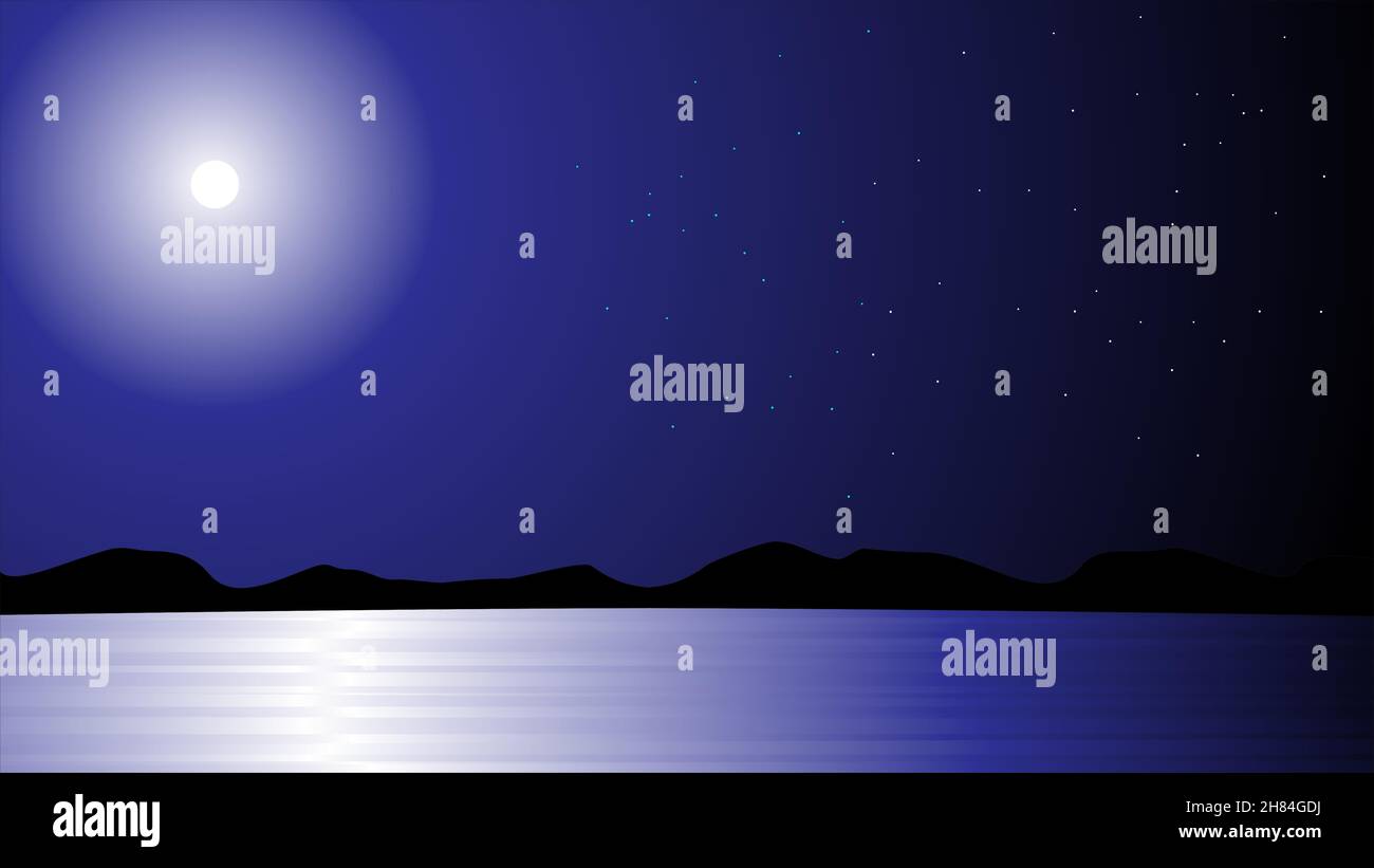 Luna piena notte oceano o paesaggio di mare. Cielo stellato con nuvole e riflesso chiaro di luna in acqua scura superficie, fantasia romantica scena naturale backgrou Illustrazione Vettoriale