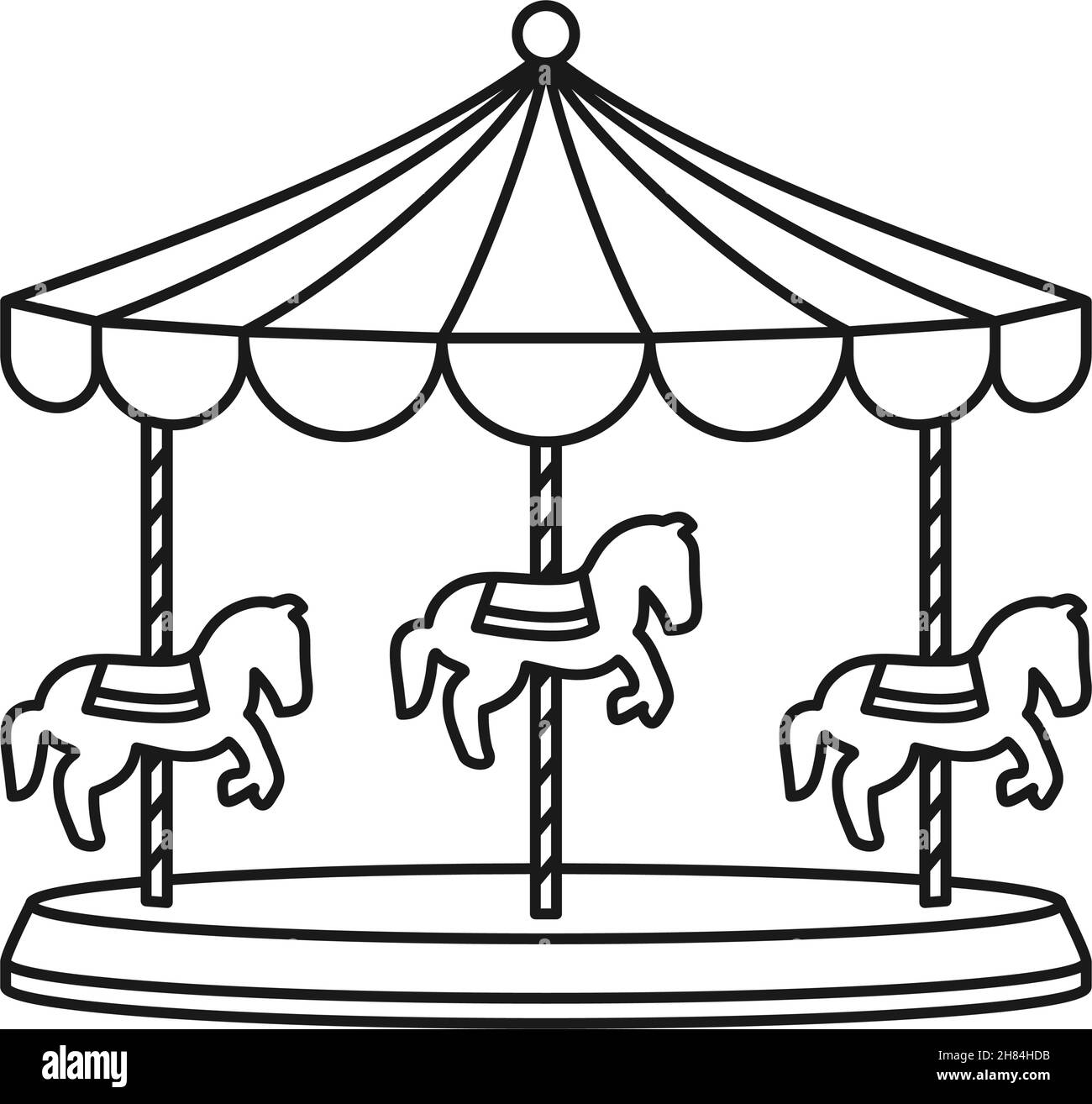 Giostra o allegro-go-round con cavalli carosello per un giro di divertimento in contorno vettore icona Illustrazione Vettoriale