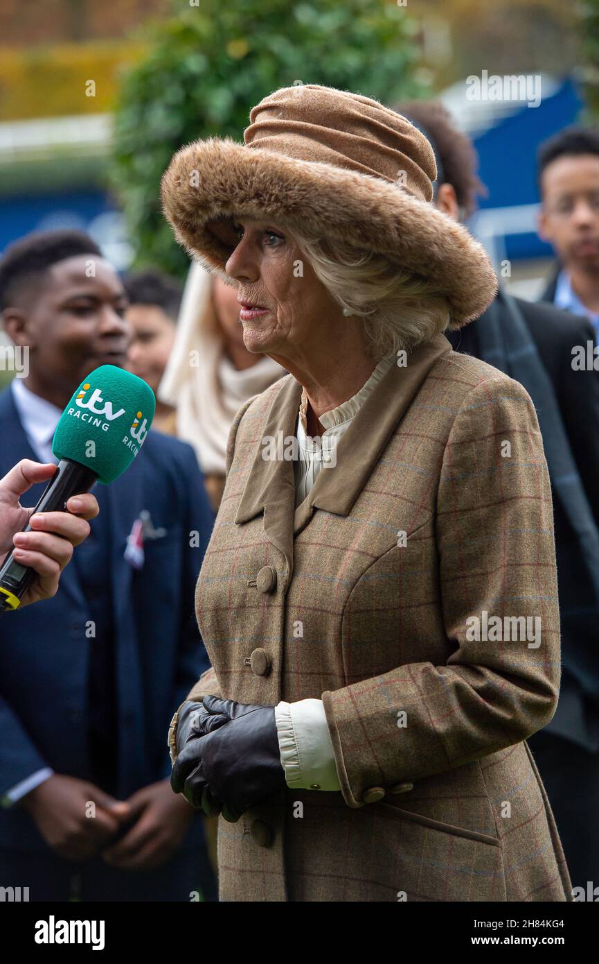 Ascot, Berkshire, Regno Unito. 20 novembre 2021. Camilla, duchessa della Cornovaglia e presidente dell'Ebony Horse Club di Brixton, è stata intervistata oggi da ITV Racing. La duchessa chiacchierò con i giovani dell'Ebony Horse Club, che aiuta i giovani a imparare a cavalcare dando loro la fiducia in se stessi. L'Ebony Horse Club Novices' Limited handicap Steeple Chase è stato vinto da jockey Bryony Frost su Horse Jeremy Pass e la Duchessa ha fatto la presentazione Credit: Maureen McLean/Alamy Foto Stock