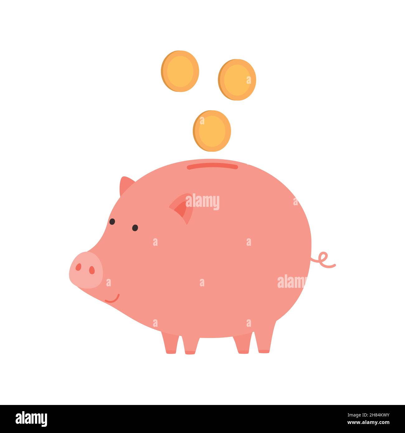 Piggy banca con monete. Illustrazione vettoriale isolata. Illustrazione Vettoriale