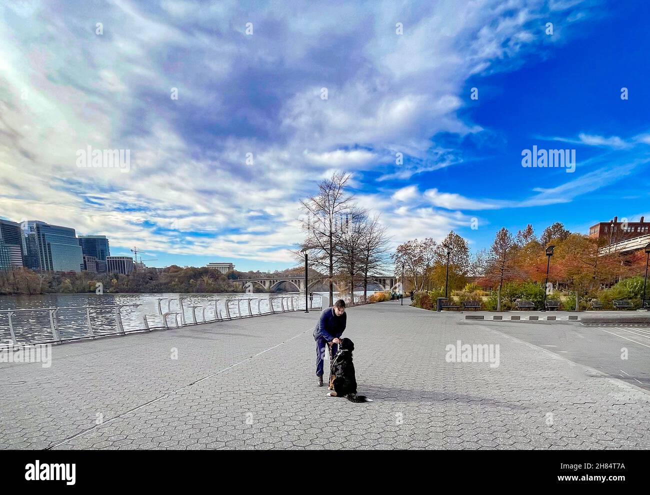 L'uomo e il suo cane che camminano vicino al fiume Foto Stock