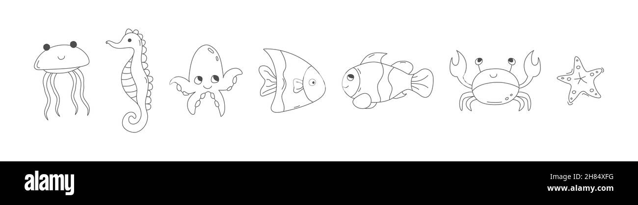set di animali marini per colorare libri, scrapbooking e sviluppo di bambini. Stile lineare. Illustrazione Vettoriale
