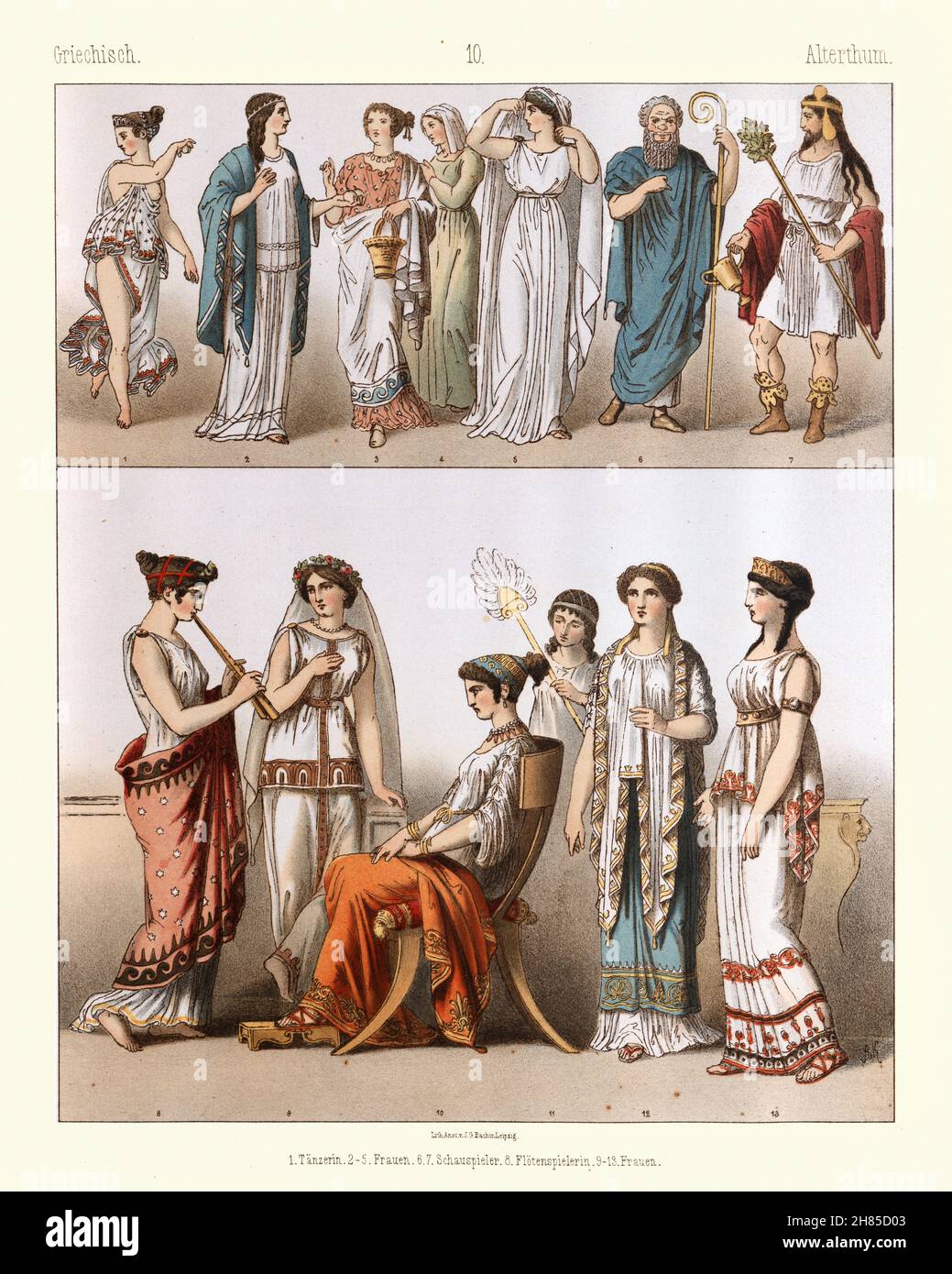 Costumi di moda della Grecia antica, greco, ballerino, donne, attori, giocatore di flauto, donne Foto Stock