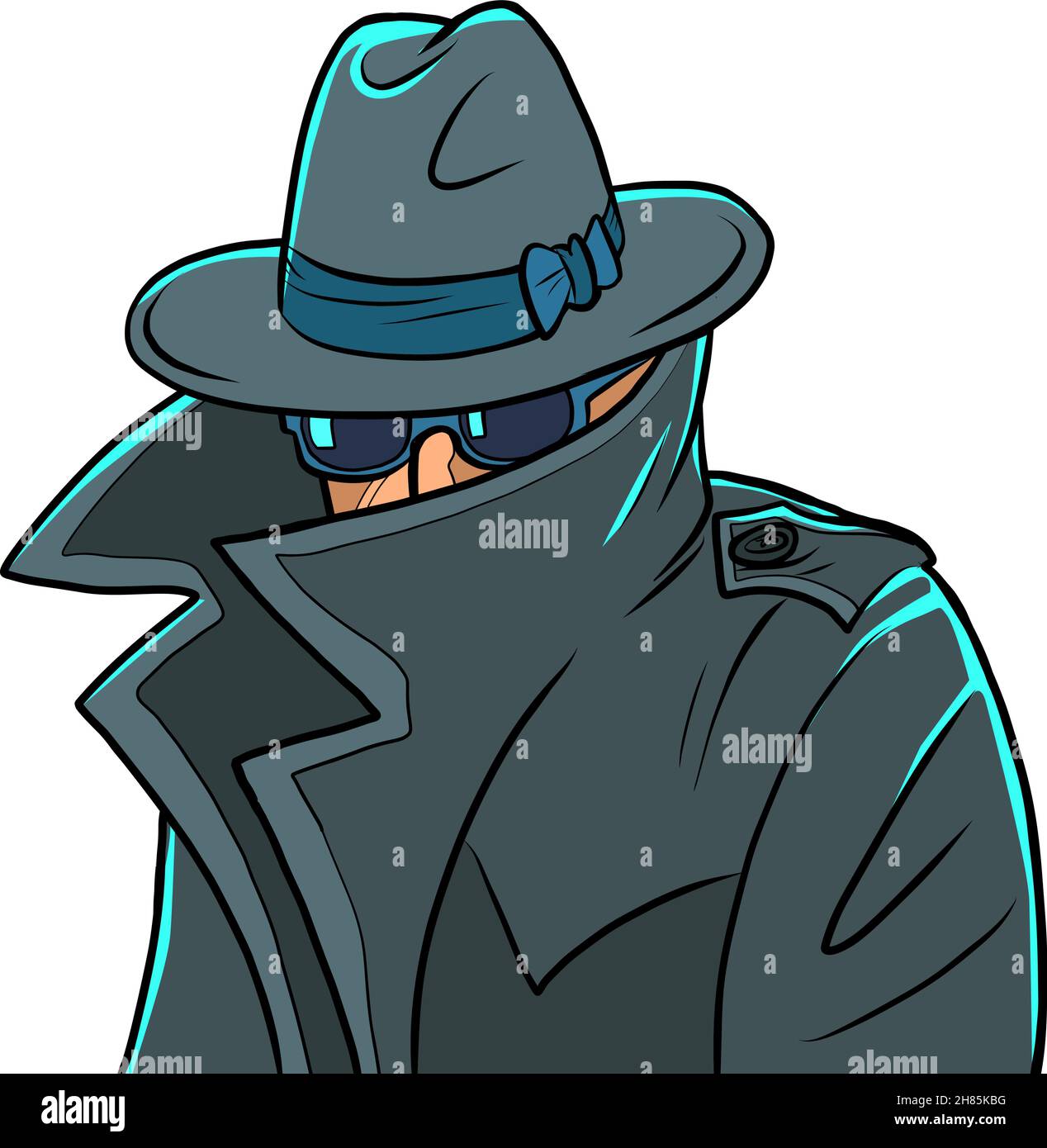 spy in un impermeabile, cappello e bicchieri neri, volto coperto Illustrazione Vettoriale